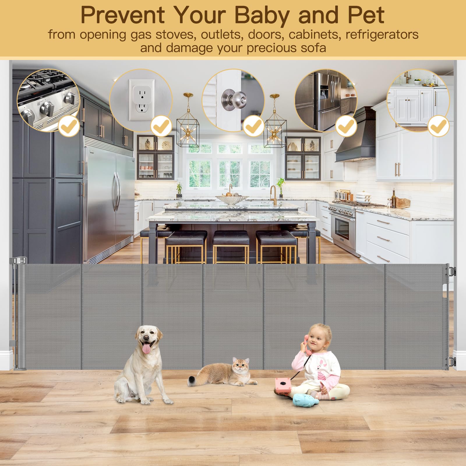 Reinforced 120 Inch Extra Wide Retractable Baby Gate with Support Rods, 33    Tall Retractable Pet Gate for Dogs, Indoor/Outdoor