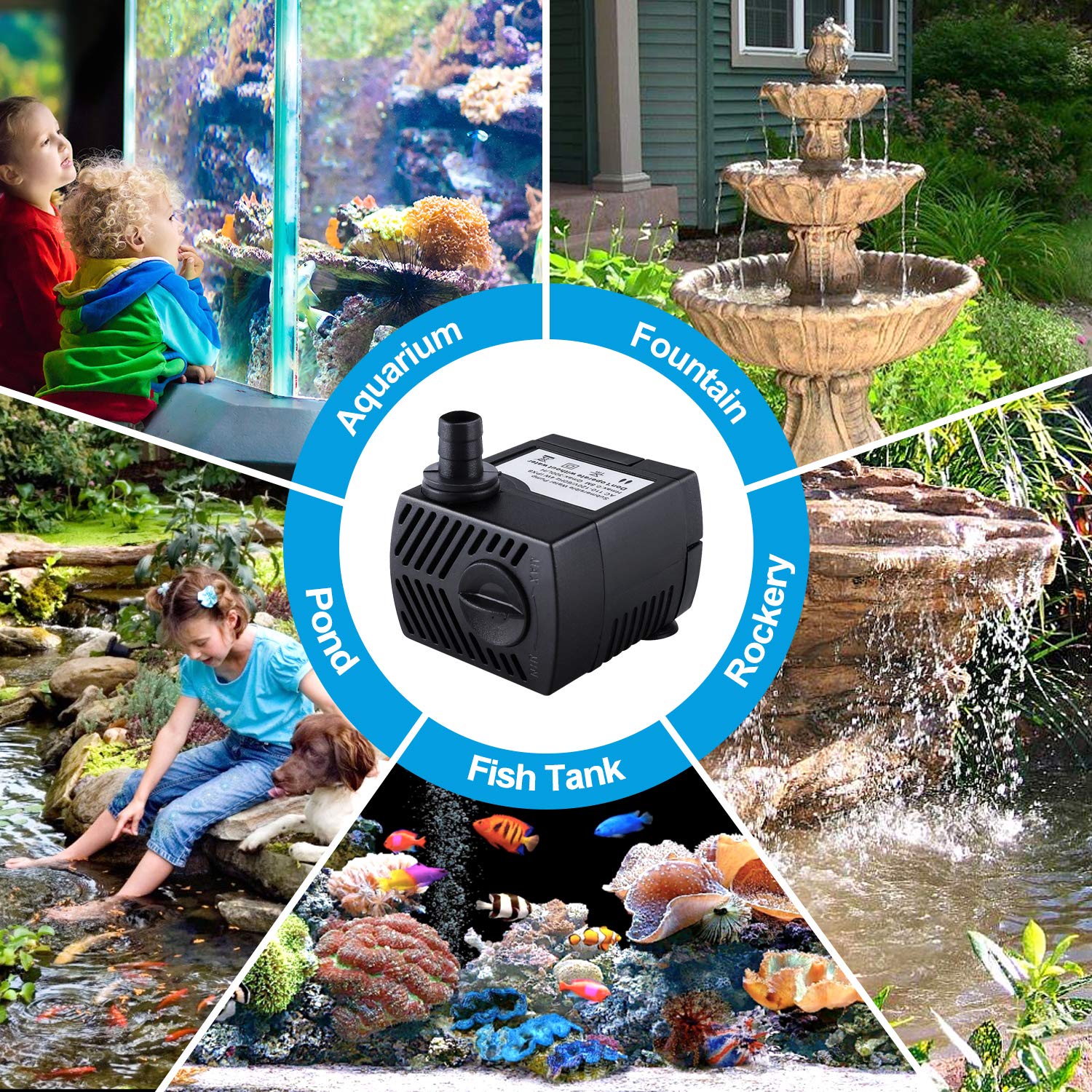 CWKJ Submersible Fountain Pump 80GPH, Durable Plastic, 7.2ft Cord, 3 Nozzles for Aquarium, Pond, Fish Tank, Hydroponics, Black