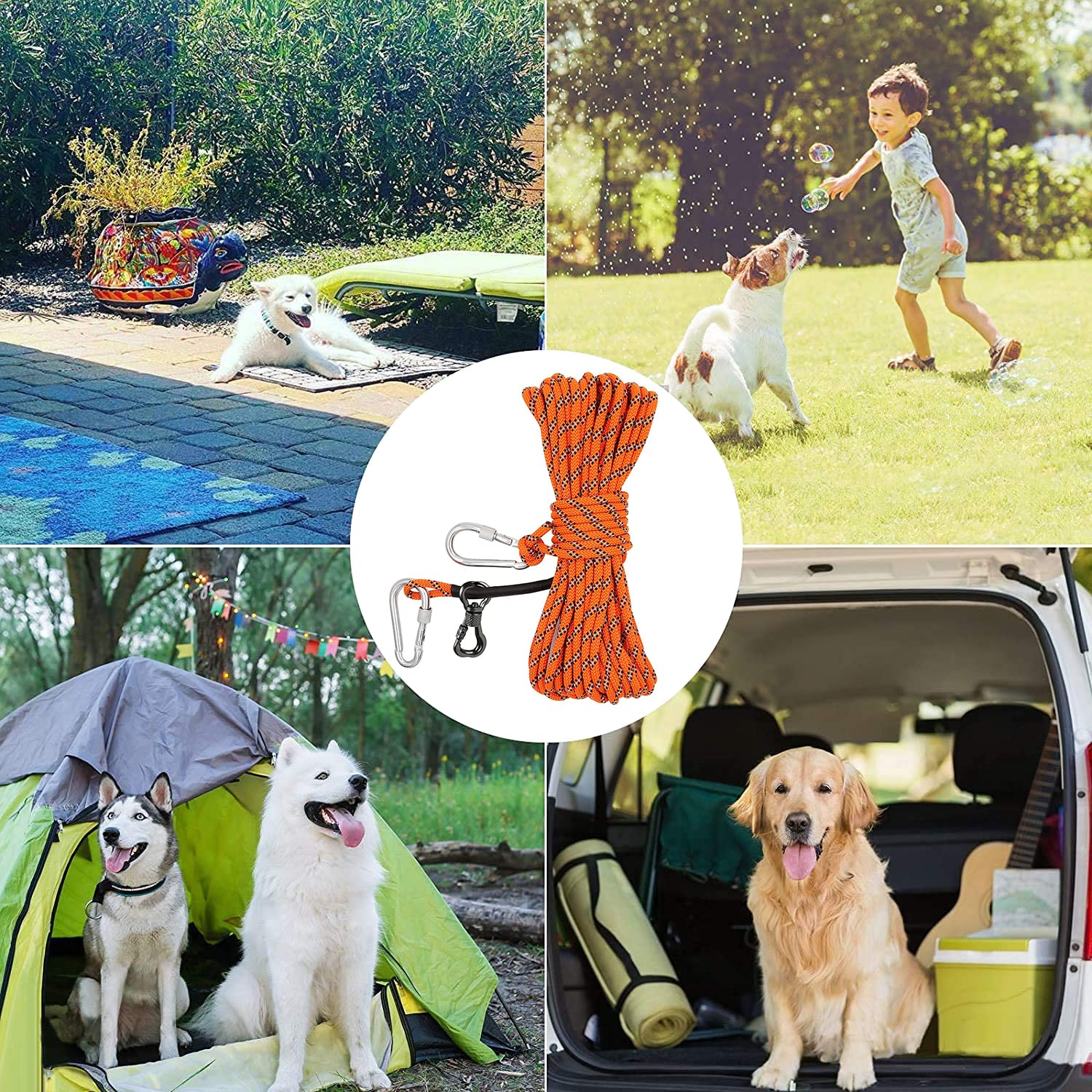 XiaZ 100ft Dog Tie Out Cable - Portable Overhead Trolley System for Dogs up to 200lbs, Perfect for Camping, Yards, Parks & Outdoor Events, Orange