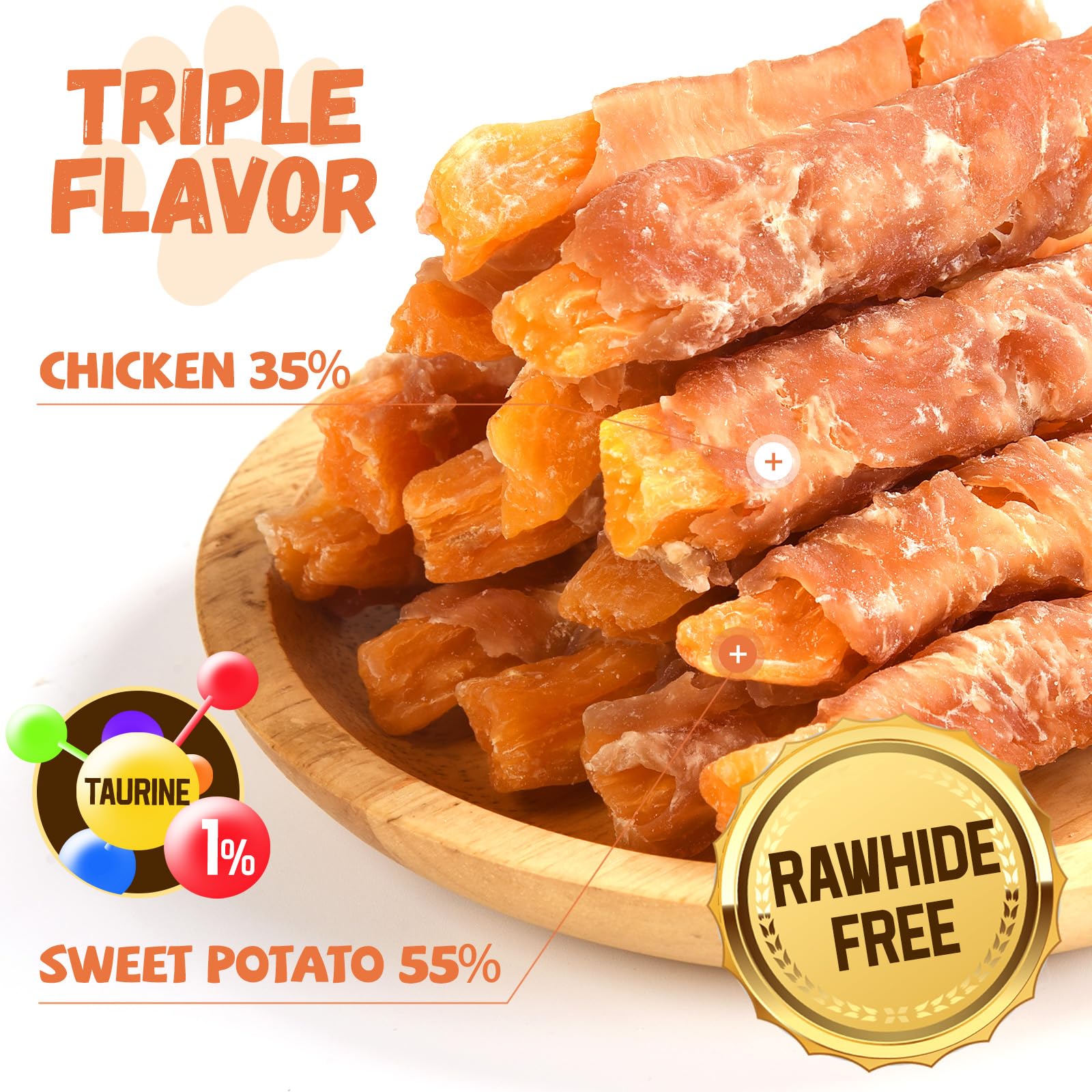 Pawmate Chicken Jerky Wrapped Sweet Potato Dog Treats w/Taurine, Healthy Dog Snakes Low Fat High Protein, Chewy Training Rewards