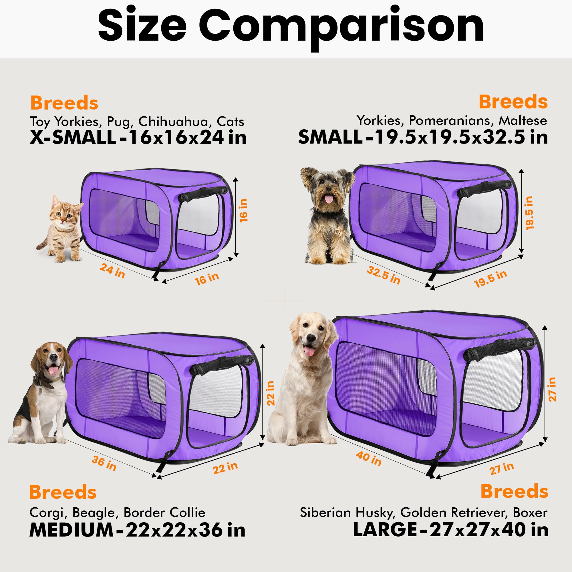 Beatrice Home Fashions Portable, Collapsible, Pop Up Kennel Travel Cat And Dog Crate, 24' L X 16.6' W X 16' H, Purple
