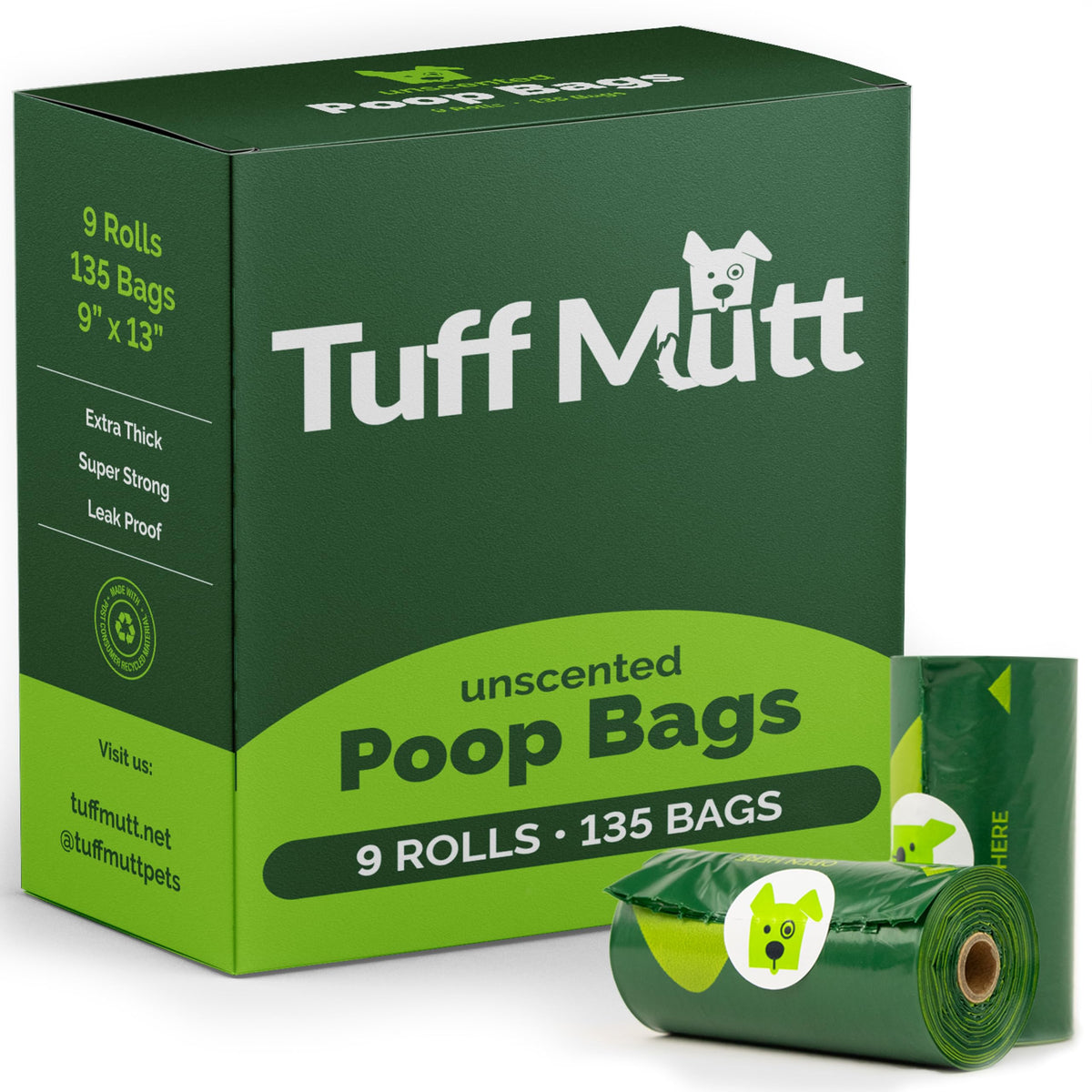 Tuff Mutt Dog Poop Bags - Dispenser-Friendly, Leak-Proof Waste Bags For Dogs, Pack Contains 9 Rolls With 15 Bags Each