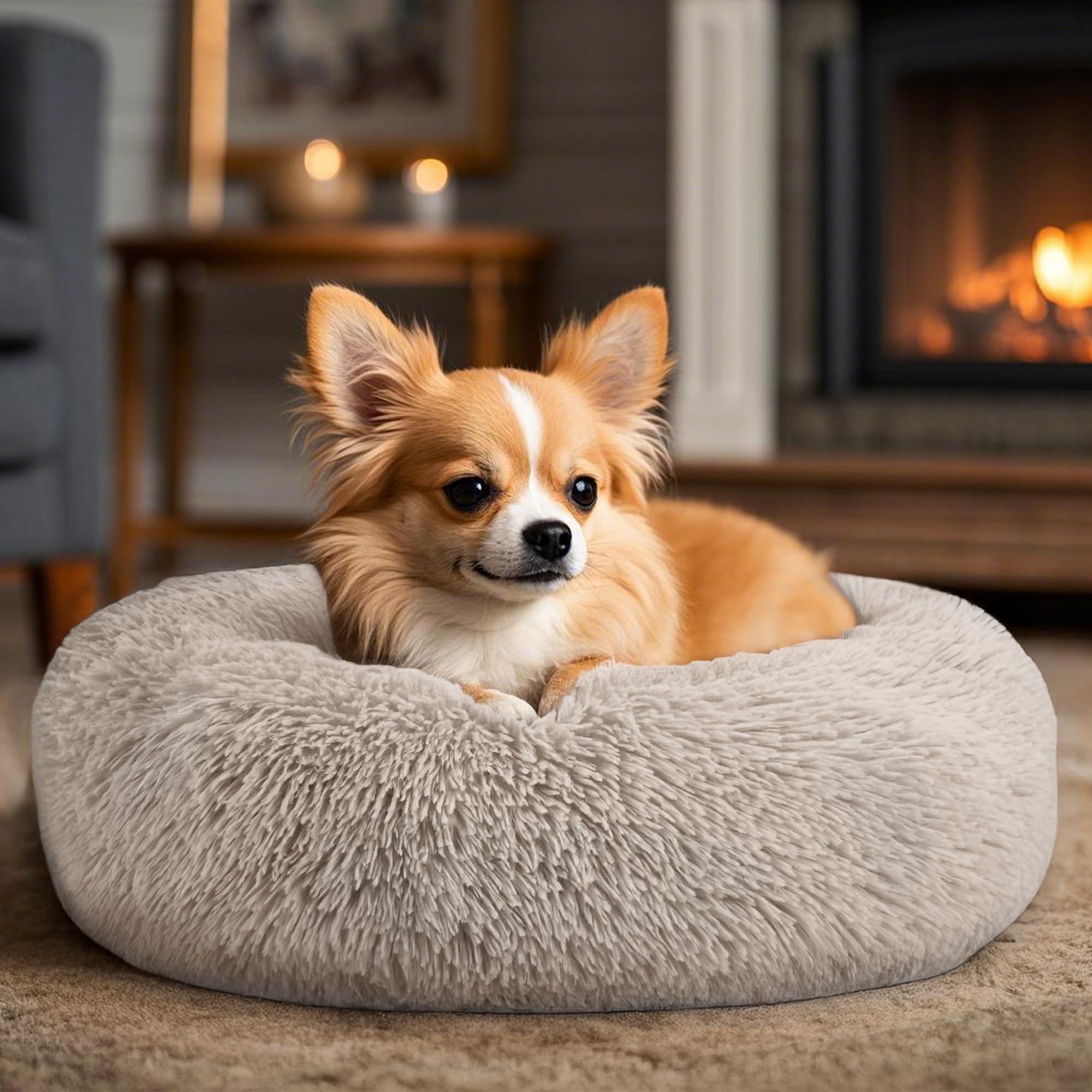 Dogs Bed for Small Dogs, Anti-Anxiety Washable Round Bed (Brown, 24.0 L x 24.0 W x 8.0 Th)