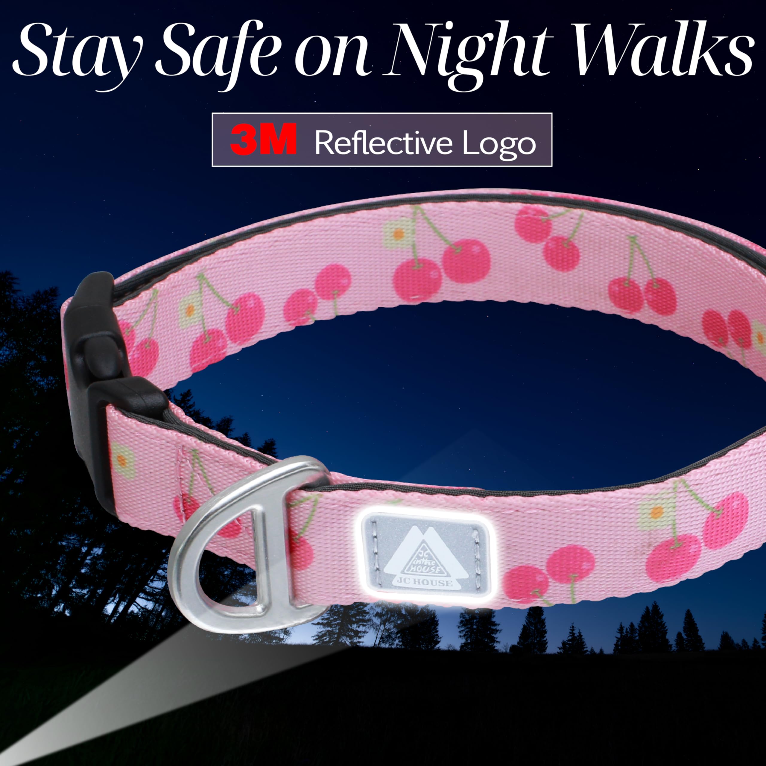 Jc House Medium Dog Collar With Reflective Logo And Soft Padded Neoprene,Pink Cherry Design, Adjustable,Lightweight & Durable, N