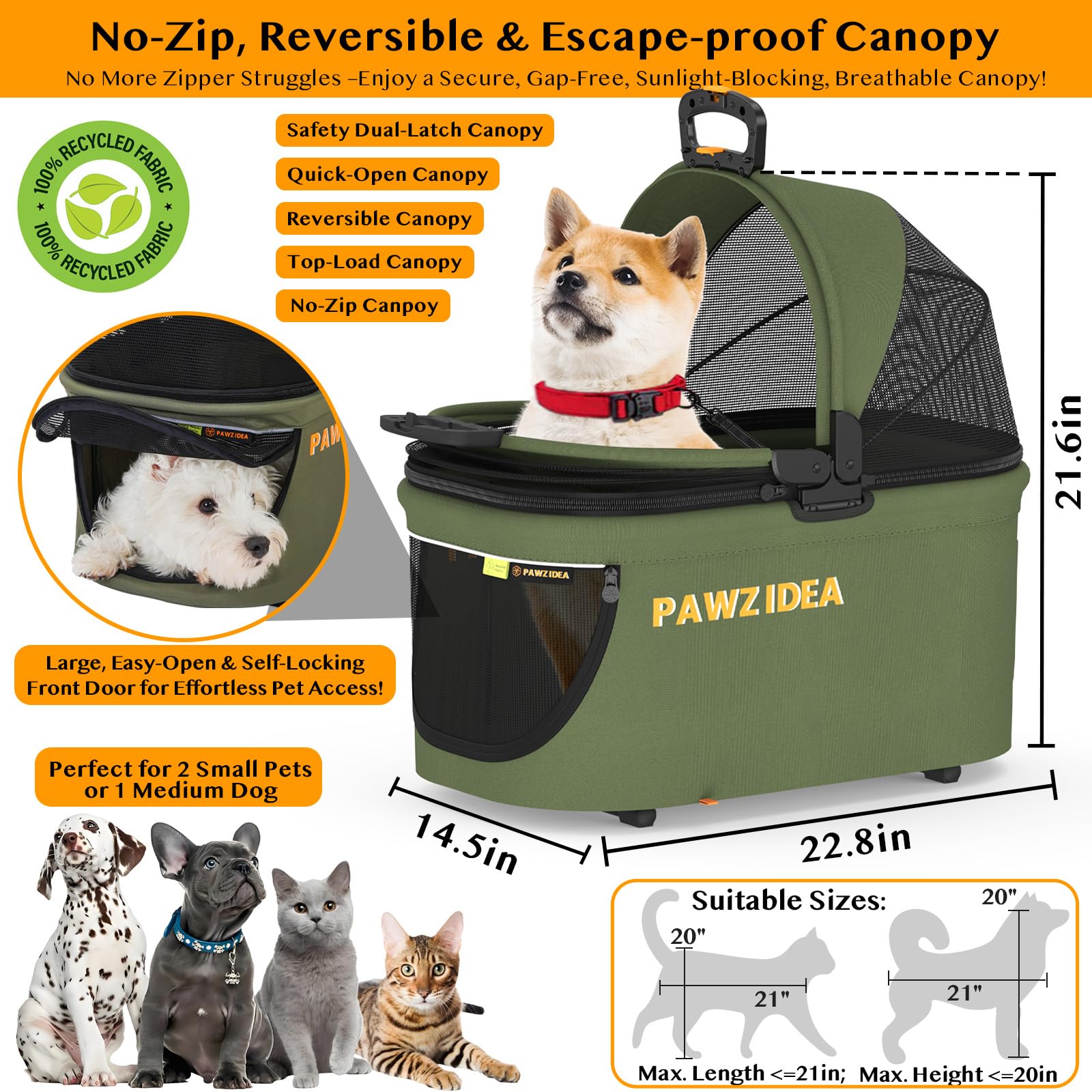 Pawzidea Cat Stroller 4 In 1, Pet Stroller For Small/Medium Dogs With Detachable Carrier Easy Lock No-Zip Canopy, Seatbelt Dog C