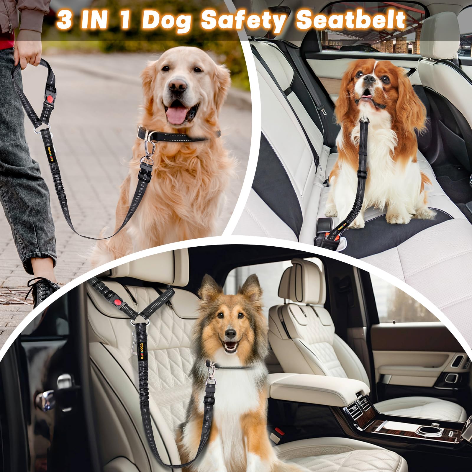 Odogpeto Dog Seat Belt Harness For Car, Dog Car Leash With Car Headrest & Buckle, Reflective Short Dog Leash, Pet 12 Inch Heavy