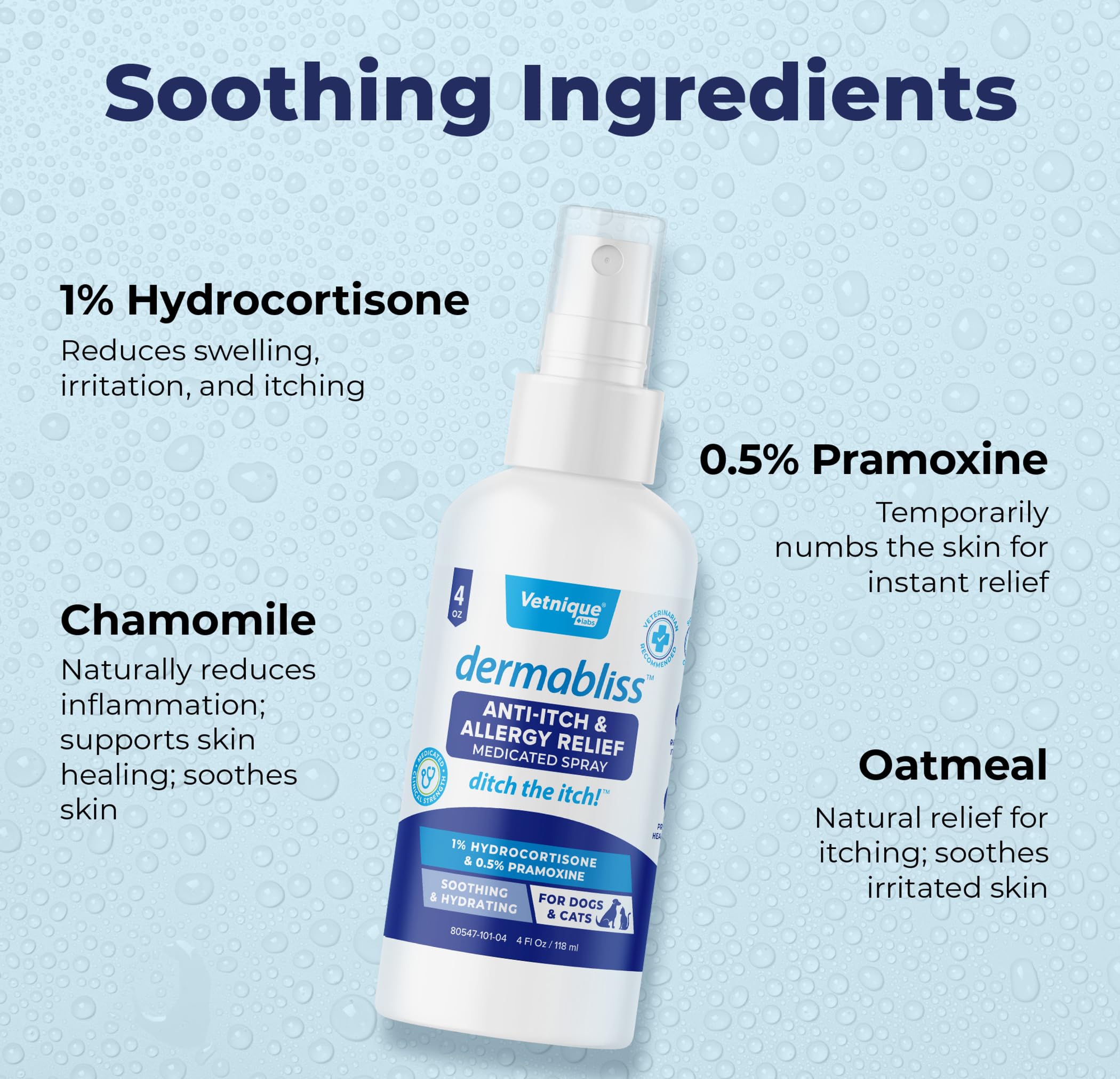 Vetnique Dermabliss Anti Itch Spray for Dogs & Cats with Hydrocortisone for Allergies and Immediate Dog Itching Skin Relief - Fr