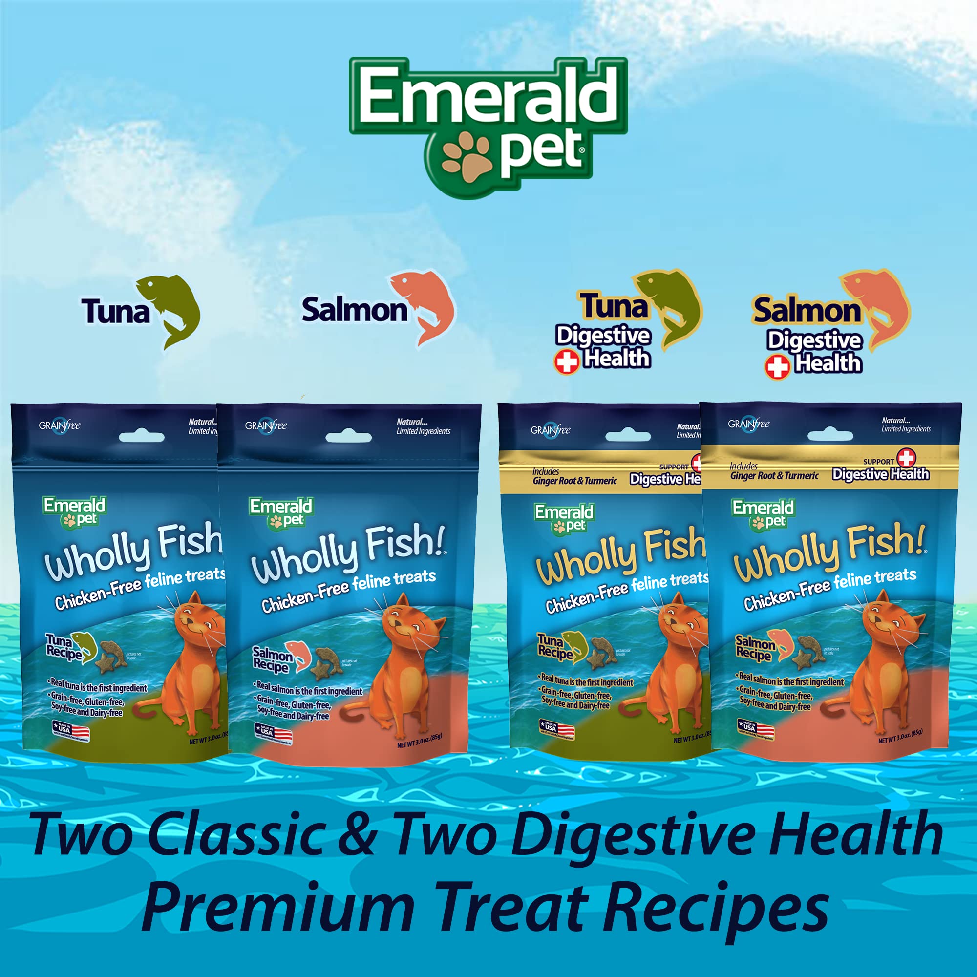 Emerald Pet Wholly Fish! Chicken-Free Feline Treats, Salmon Recipe - Tasty and Crunchy Salmon Cat Treats with Real Salmon - Chic