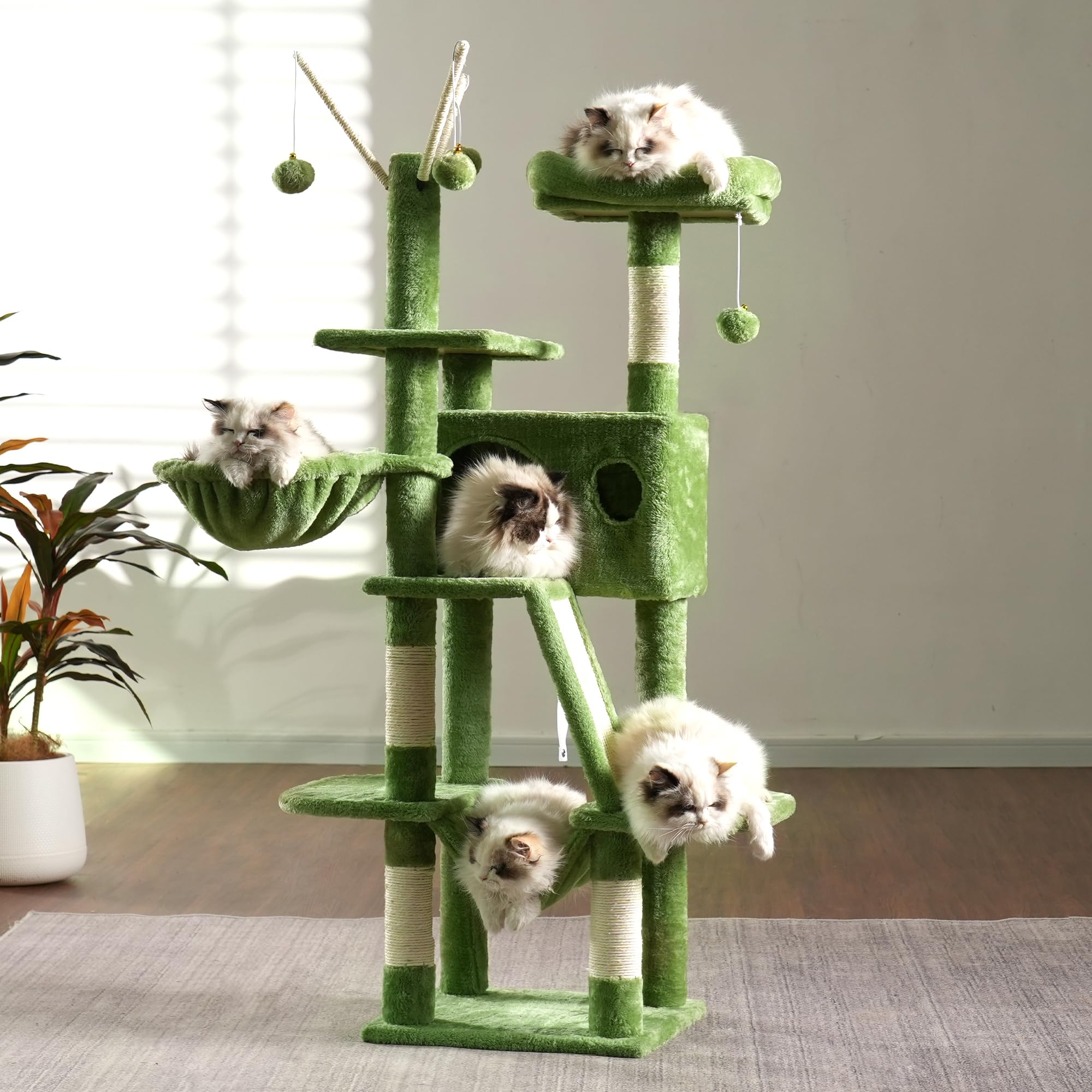 Hey-Brother Cat Tree, 53 Inch Cat Tower For Indoor Cats, Cat House With Padded Platform Bed, Toy Balls, Large Cozy Condo, Hammoc