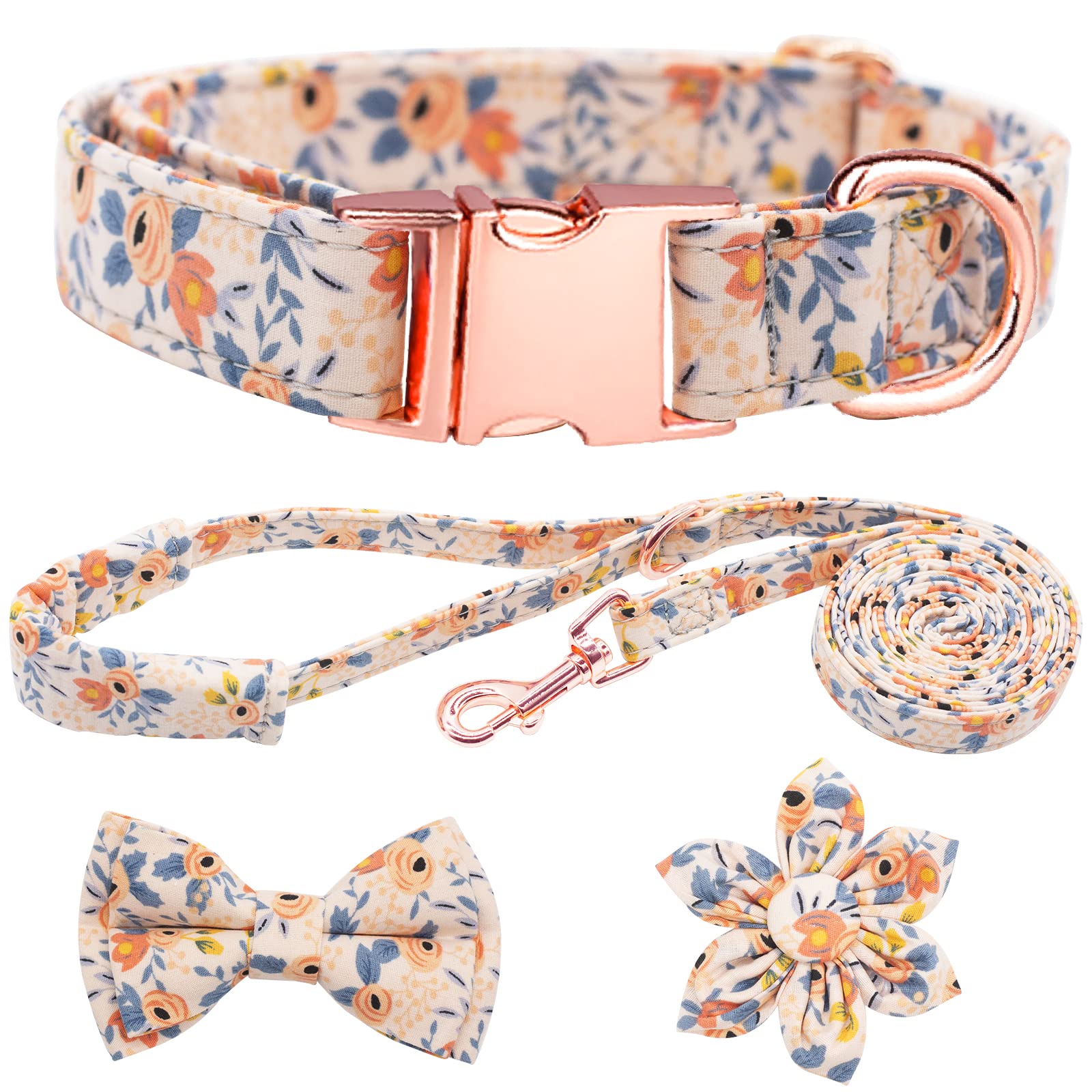 HSIGIO Dog Collar and Leash Set Girls Adjustable Puppy Collars with Floral Bow Tie for Small Medium Large Female Dogs, Orange Fl