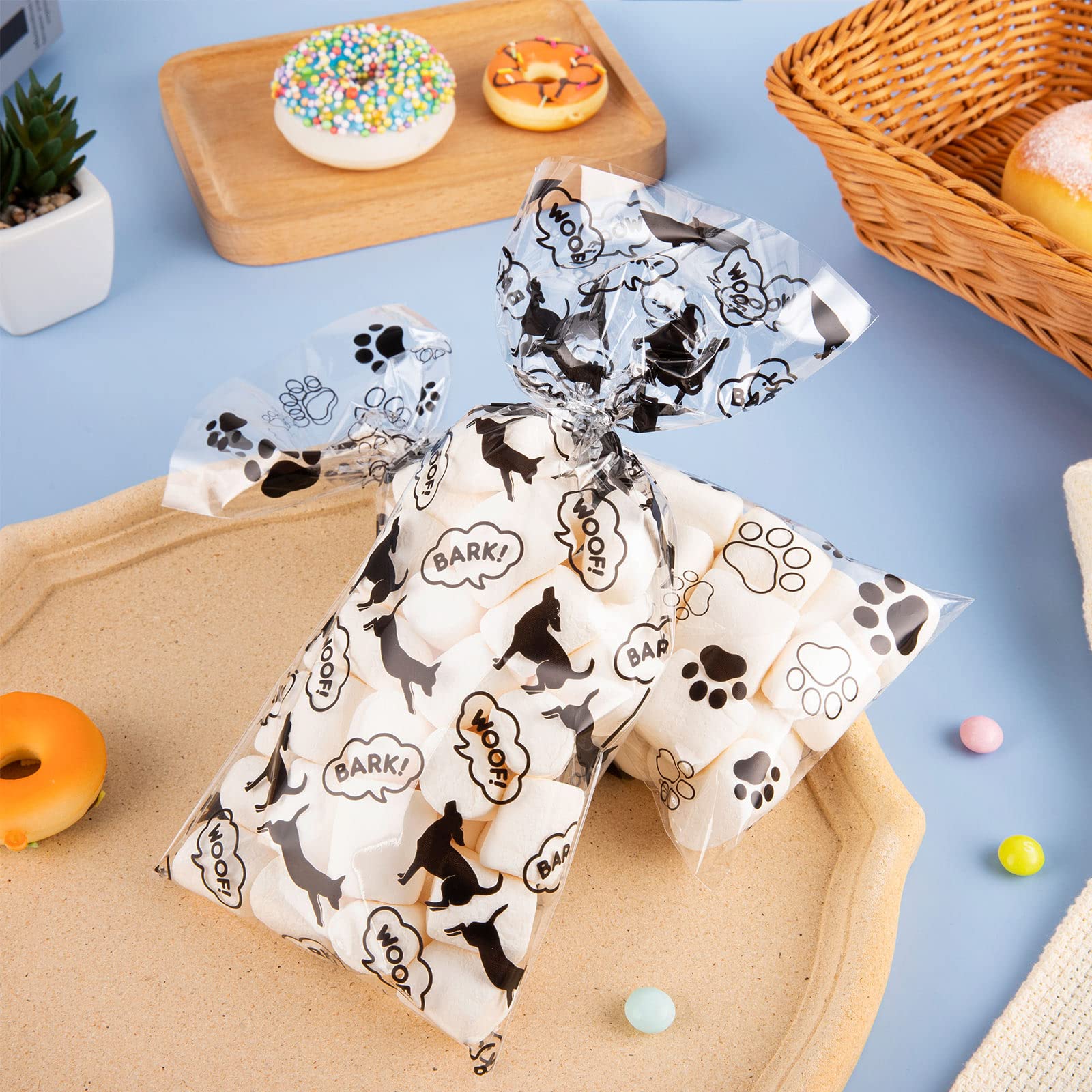 Whaline 150Pcs Dog Paw Cellophane Bags with 150Pcs Twist Ties Pet Paw Bone Print Cello Bags Clear Goodie Treat Bags Pet Theme Pa