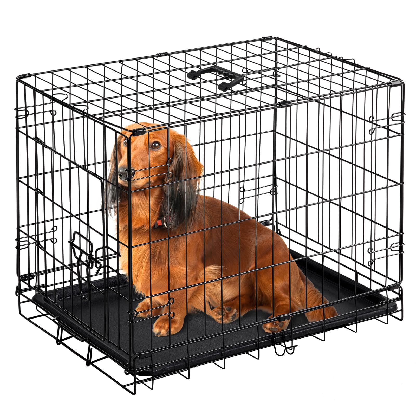 Dumos Dog Crate, 24 Inch Medium Single Door Dog Cage With Divider Panel And Plastic Leak-Proof Pan Tray, Folding Metal Wire Pet