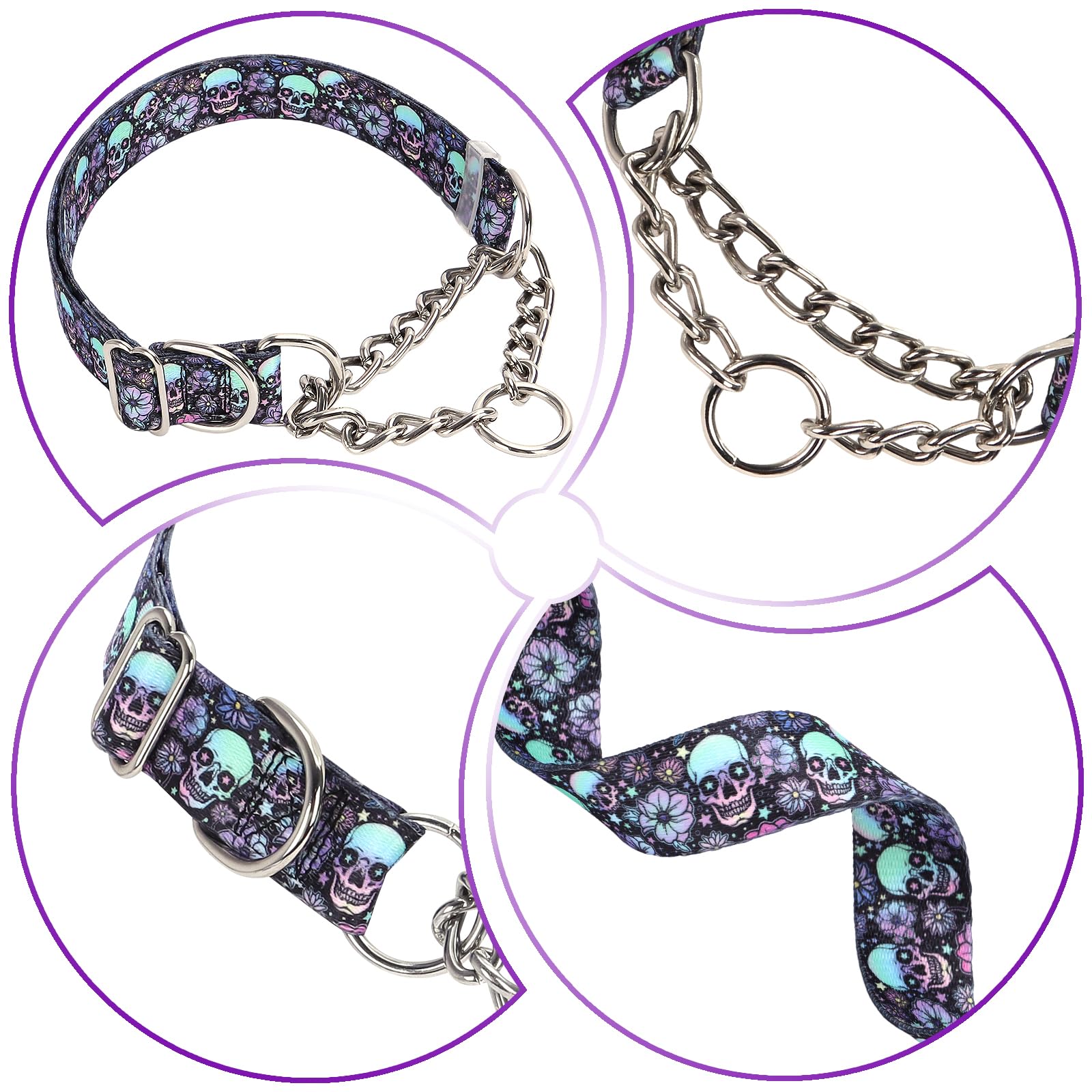 Skull Chain Martingale Collar For Dogs, No Pull Slip Cinch Choker Choke Collar Training Escape Proof Heavy Duty Dog Collar For E