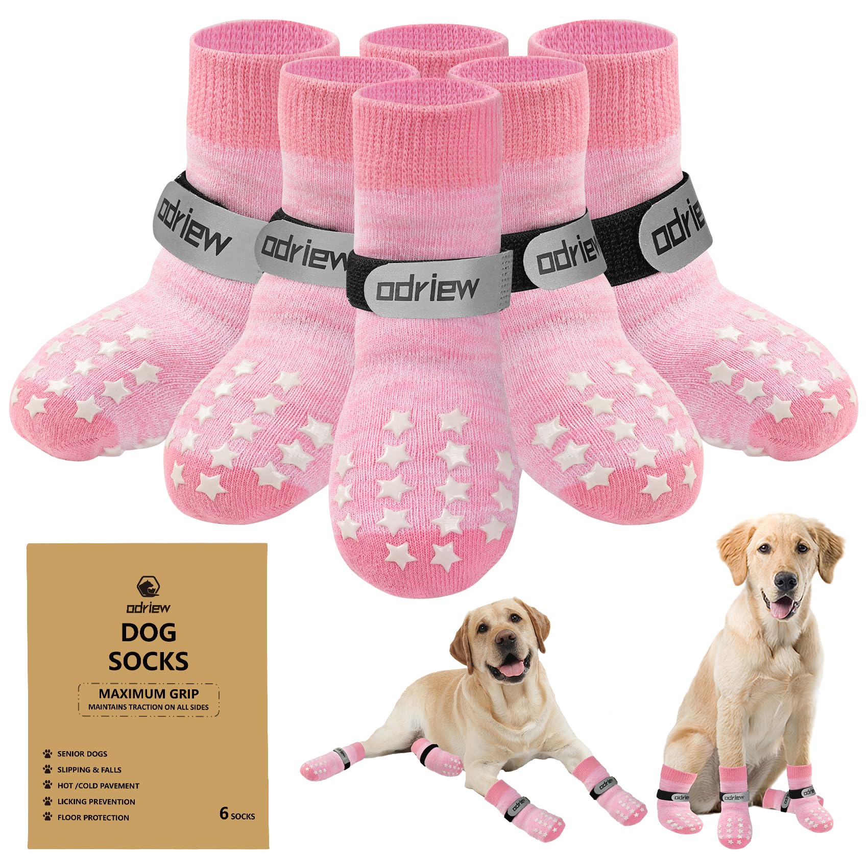 ODRIEW Non Slip Dog Socks to Prevent Licking Paws, Double Sided Grips, Dog Socks for Hardwood Floors Anti Slip, 6Pcs with Elasti