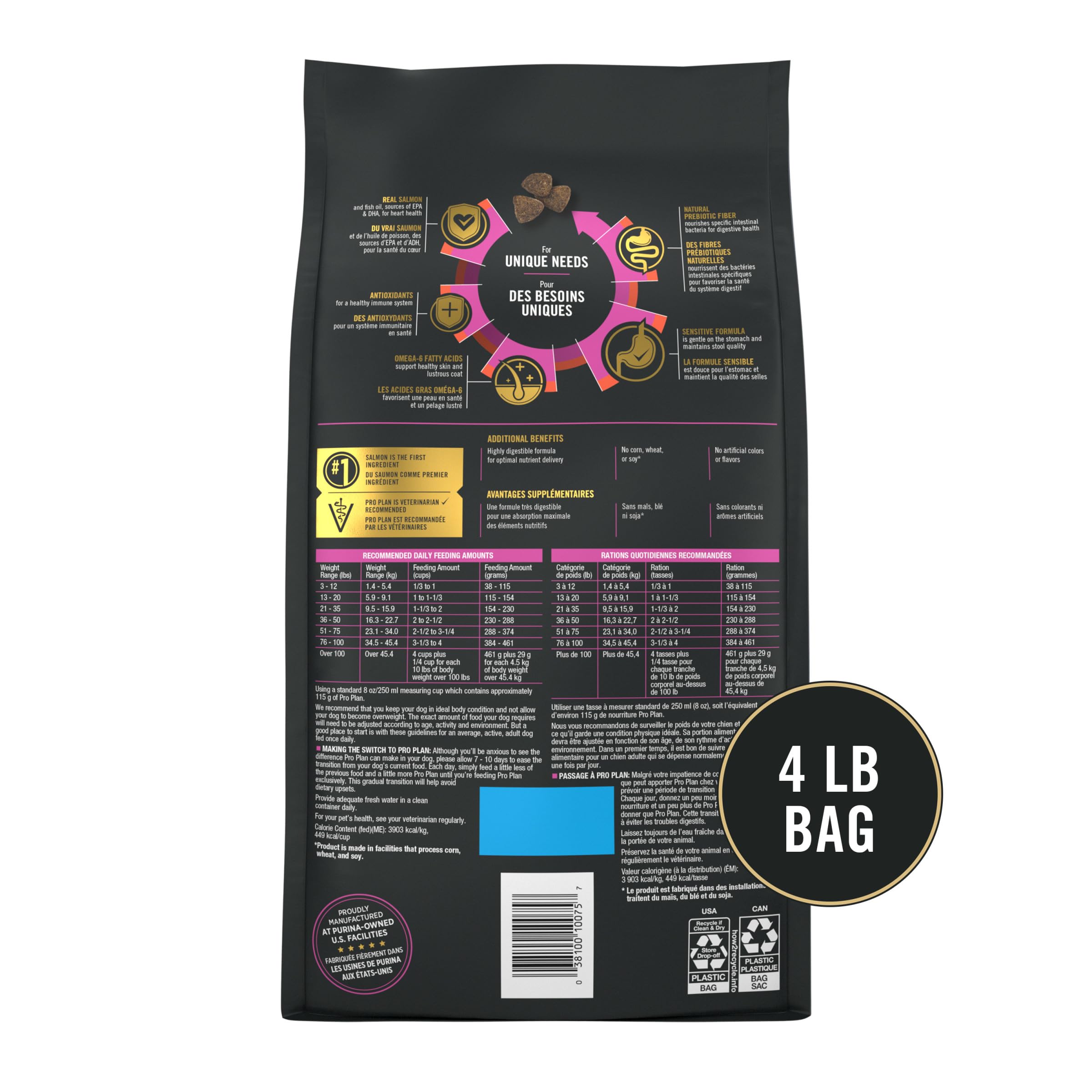 Purina Pro Plan Sensitive Skin and Stomach Dog Food Dry, Adult Salmon & Rice Formula, Digestive Health - 4 lb. Bag