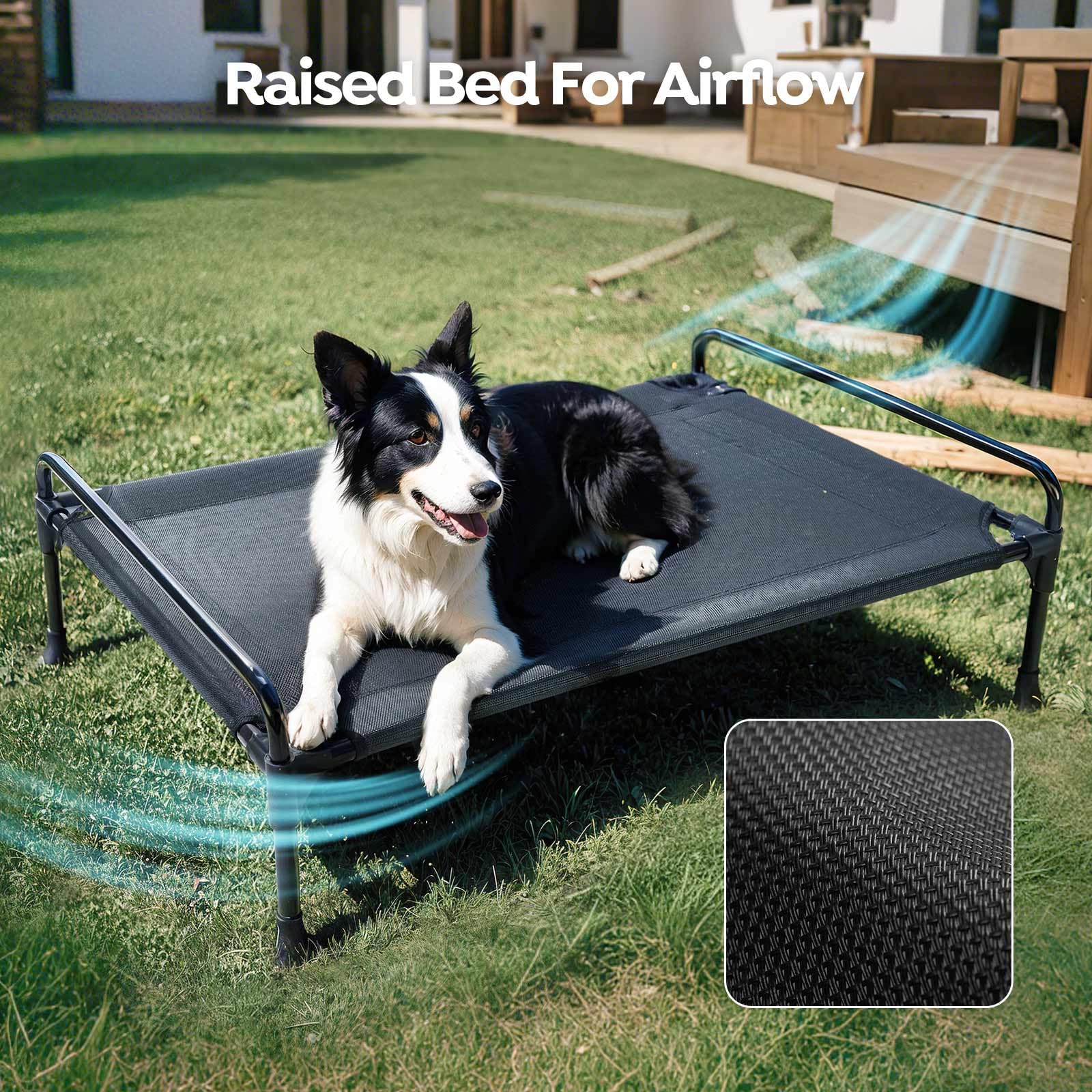 Veehoo Elevated Raised Dog Bed+Waterproof Removable Pillow-Top Mat, Cooling Outdoor Dog Cot Bed with Railing for Large Sized Dog