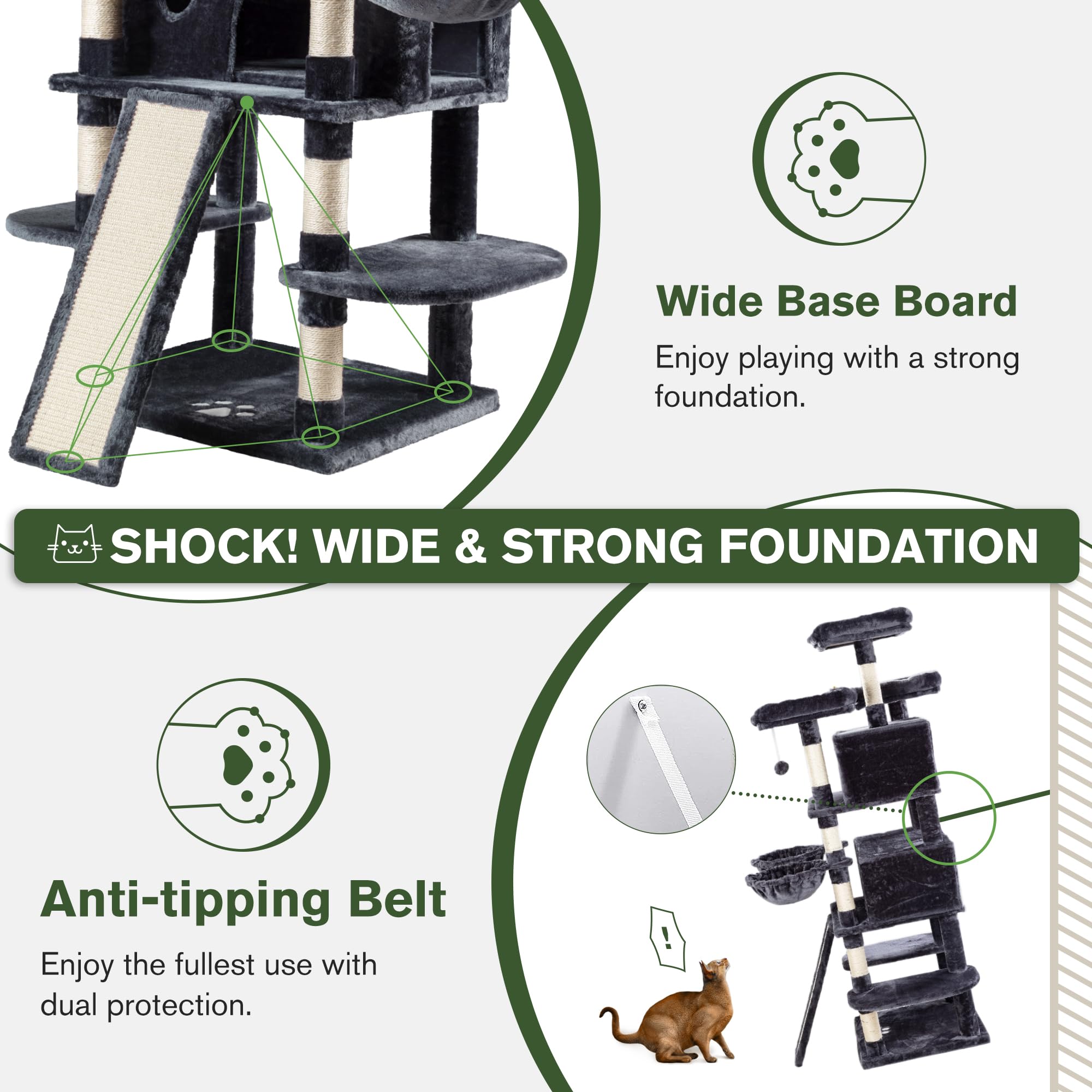 Imusee 68 Inches Multi-Level Large Cat Tree Tower With Cat Condo/Cozy Plush Cat Perches/Sisal Scratching Posts And Hammocks/Cat Activity Center Play House/Smoky Grey