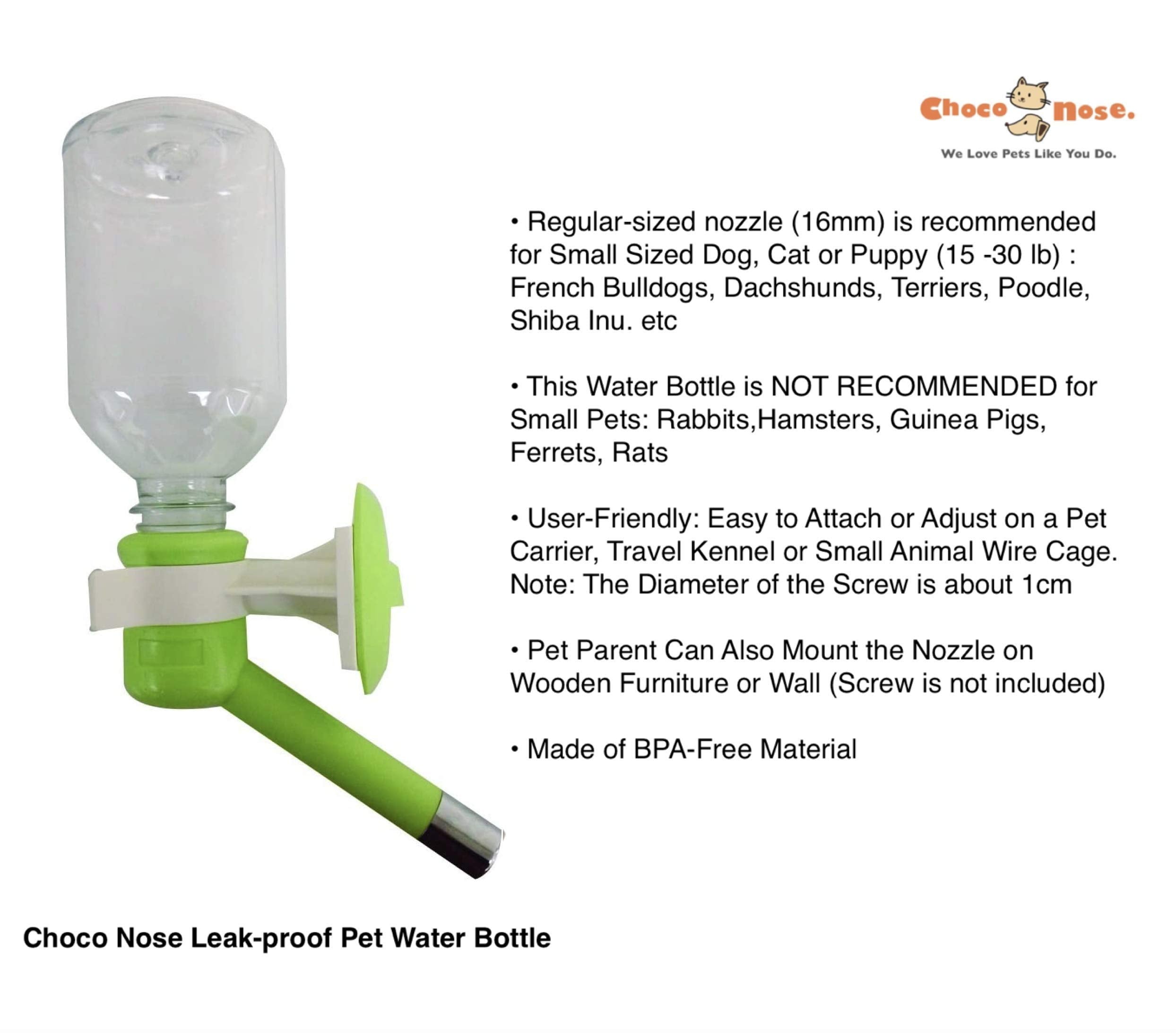 Choco Nose Patented No-Drip Dog Water Bottle/Feeder For Dogs/Cats And Other Small-Medium Sized Animals - For Cages, Crates Or Wall Mount. 11.2 Oz. Mess Free Leak-Proof Nozzle 16Mm, Apple Green (H590)