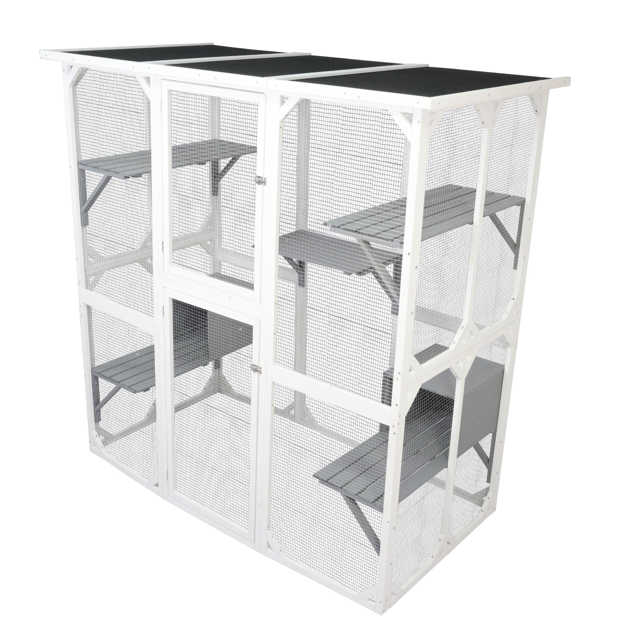 Ball & Cast 71 Wooden Catio Outdoor Cat Enclosure with Weatherproof Asphalt Roof,Jumping Platforms & Napping Houses,Walk-in Cats
