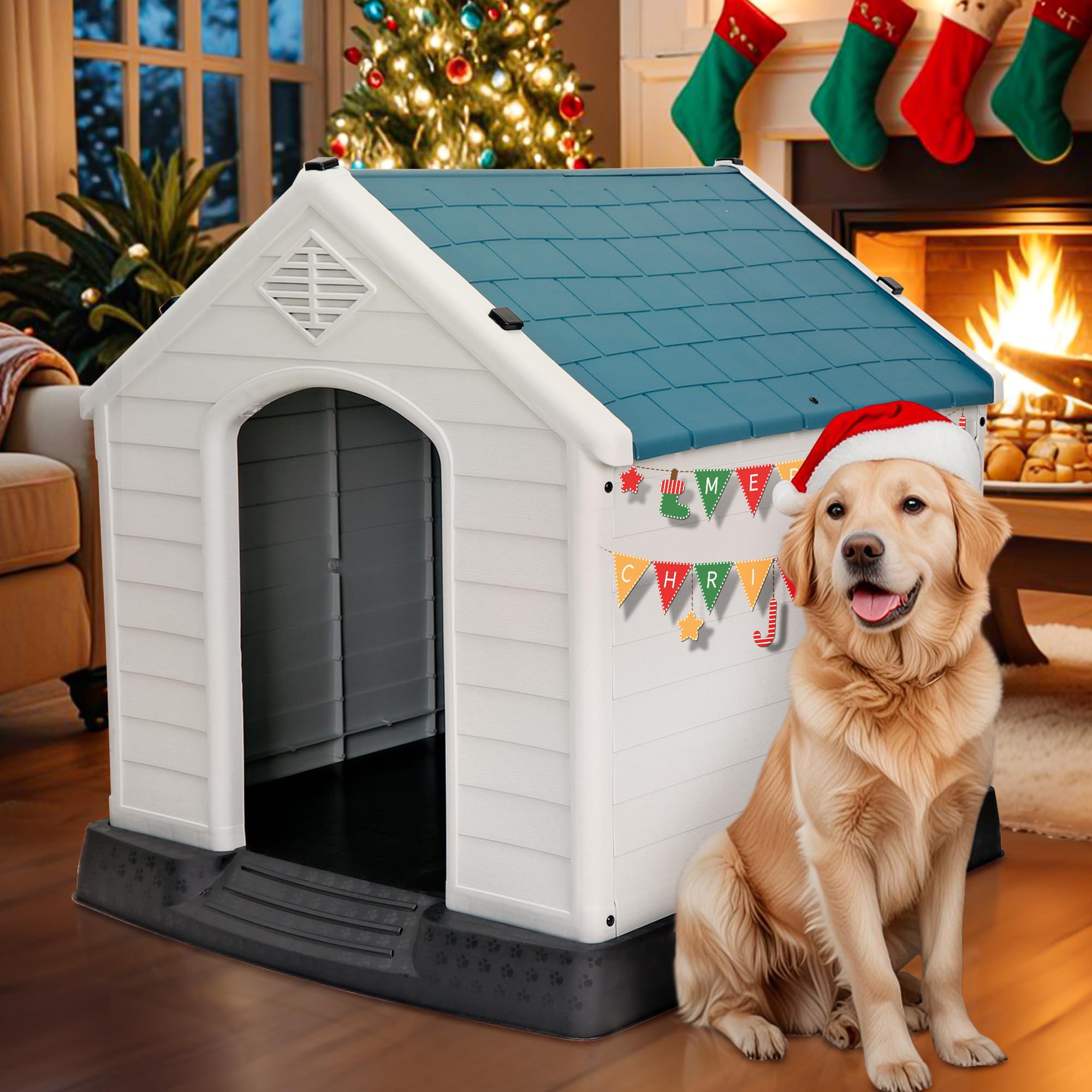 Large Plastic Dog House Indoor Outdoor Doghouse Dog Kennel Easy To Assemble Puppy Shelter W/Air Vents Elevated Floor Waterproof