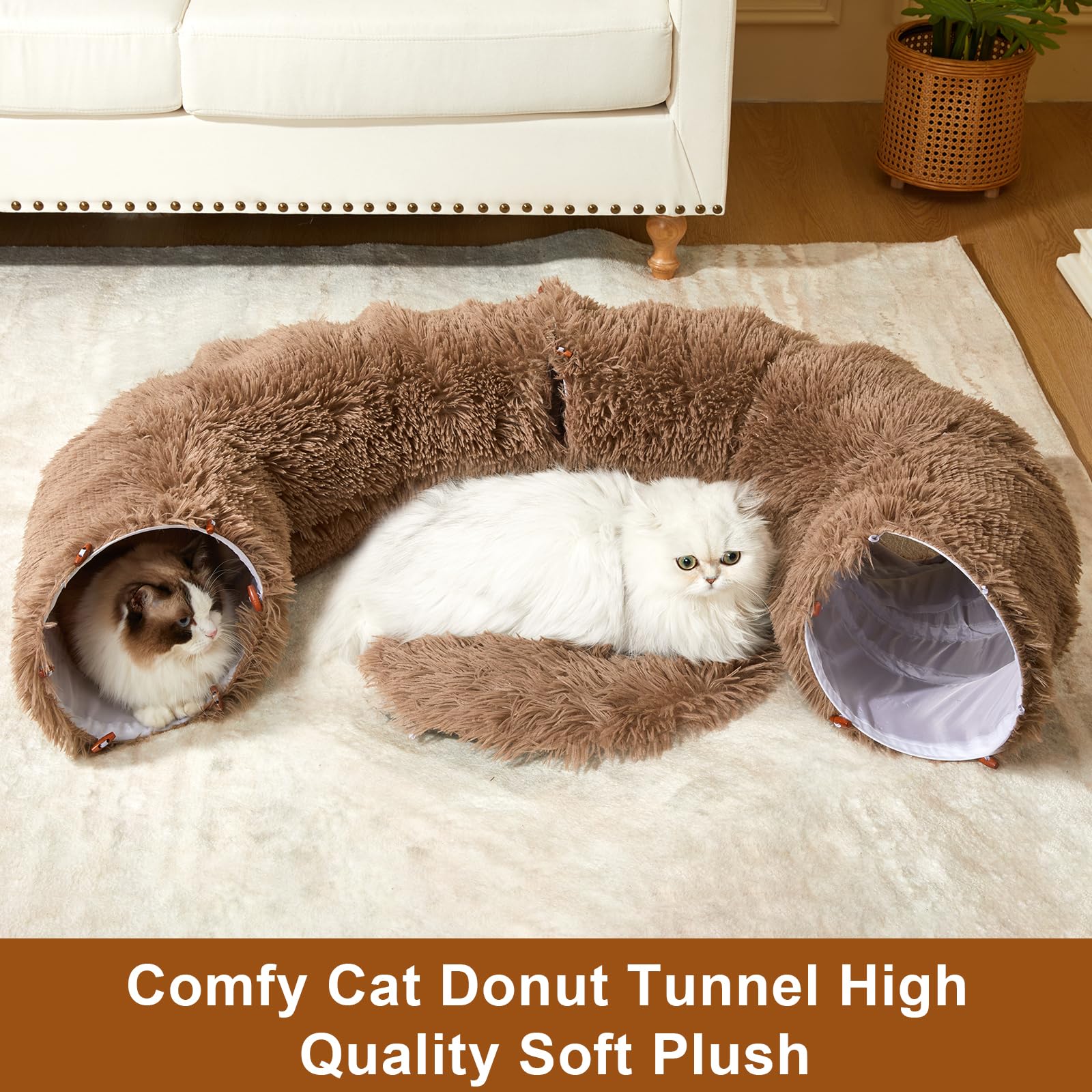 Bininl Cat Tunnel Bed For Indoor Cats Peekaboo Cave Donut With Washable Circle Cushion Interior Cat Play Tunnel (34 Inch, Brown)