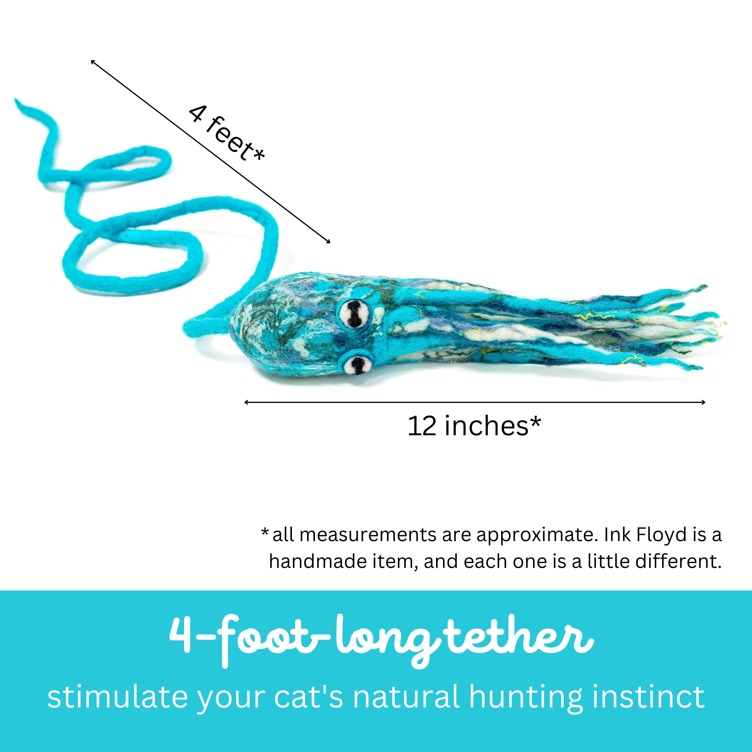 Cat in the Box Ink Floyd Wool Octopus Toy with a 4-Foot Tether for Indoor Cats and Kittens. Kicker Teaser Wand String Plush for