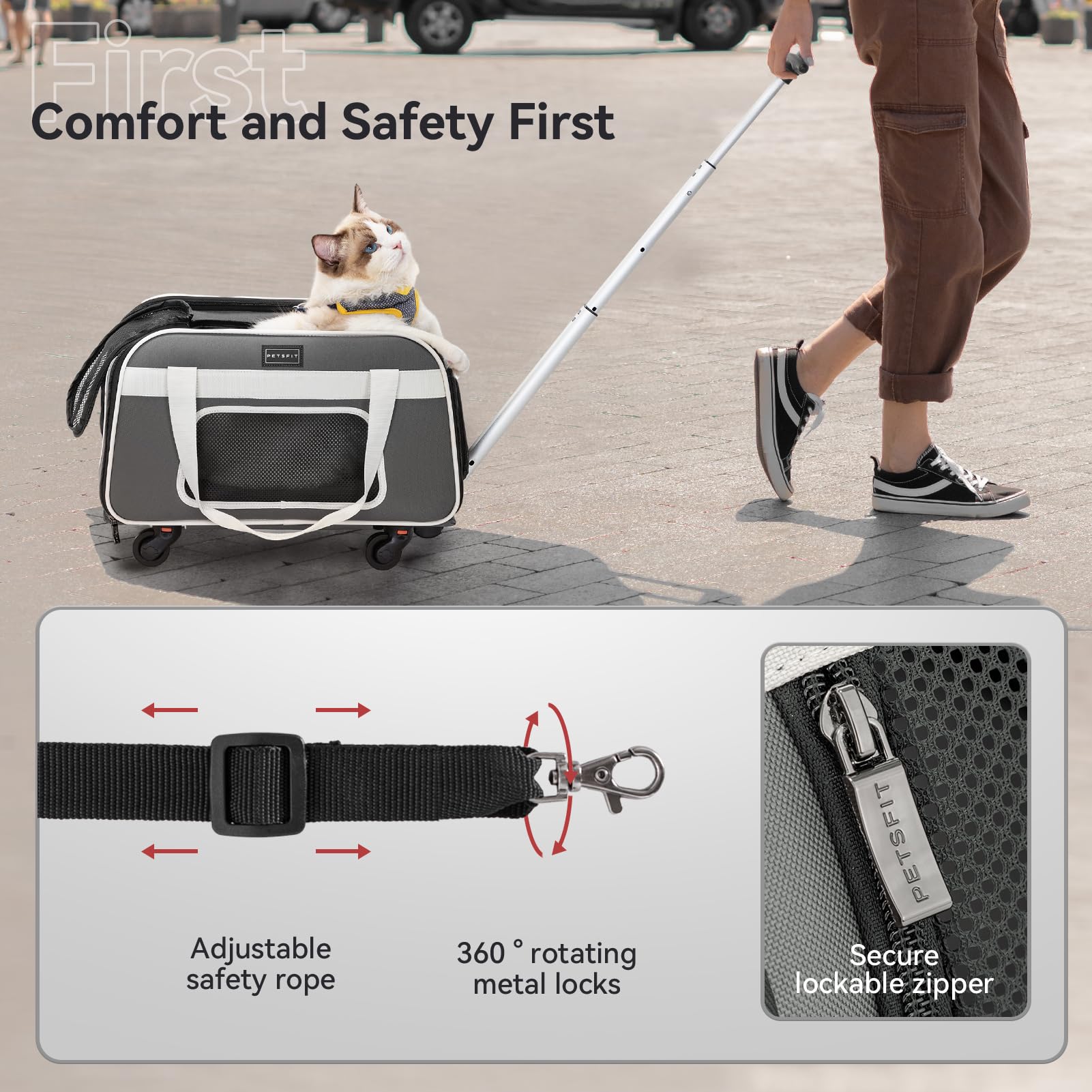 Petsfit Airline Approved Cat Carrier with Wheels, Small Size, Medium Gray, Metal, Model DLC1004622A1