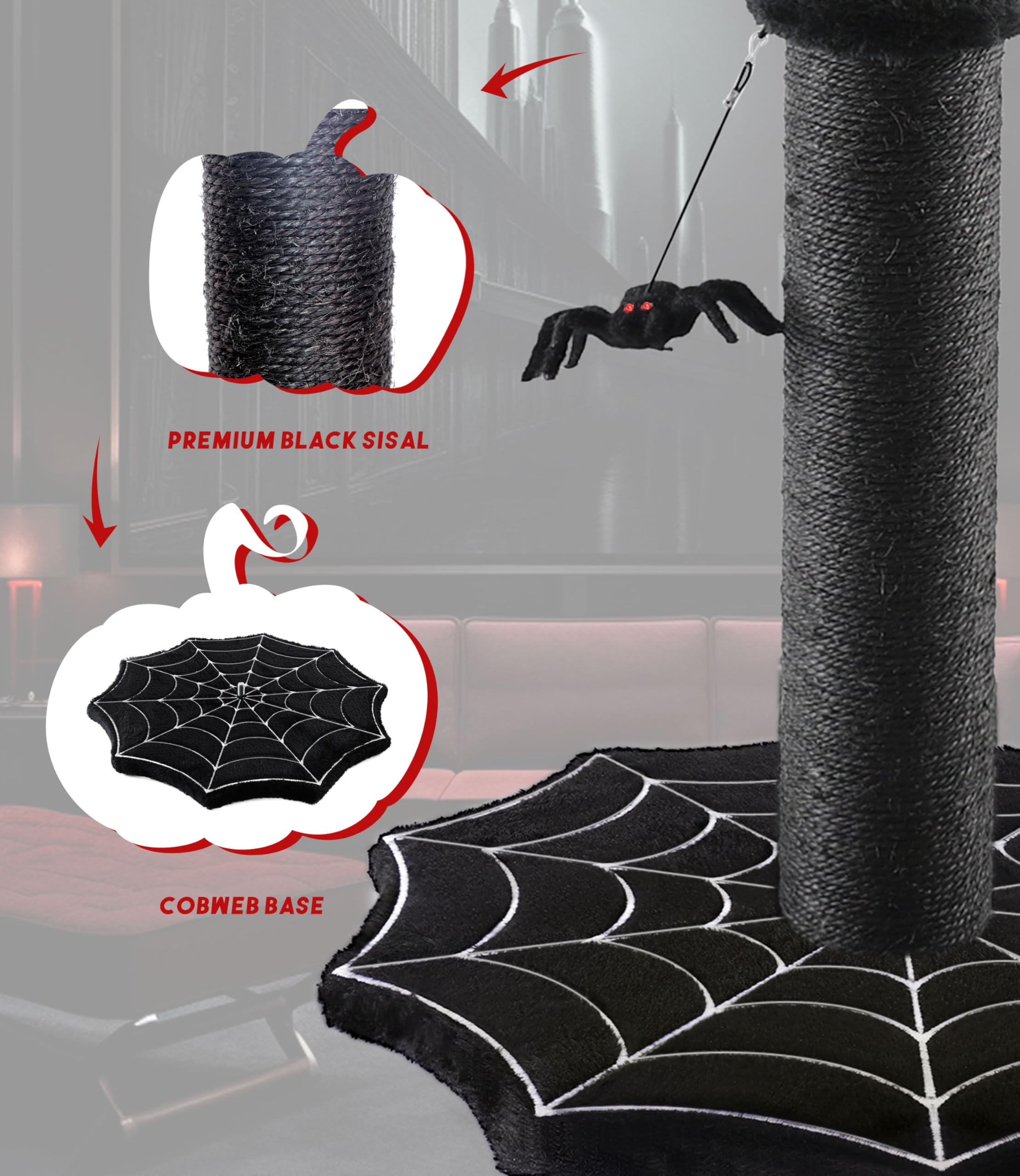 Puzzlepaw Gothic Cat Scratching Post With Spider Dangling Toys For Indoor Large Cats, Halloween Spooky Cat Scratcher,Activity Ca
