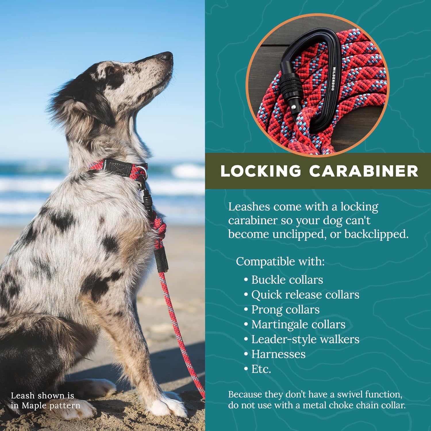 Wilderdog Carabiner Climbing Rope Dog Leash For Medium & Large Dogs - 10Ft - Maple
