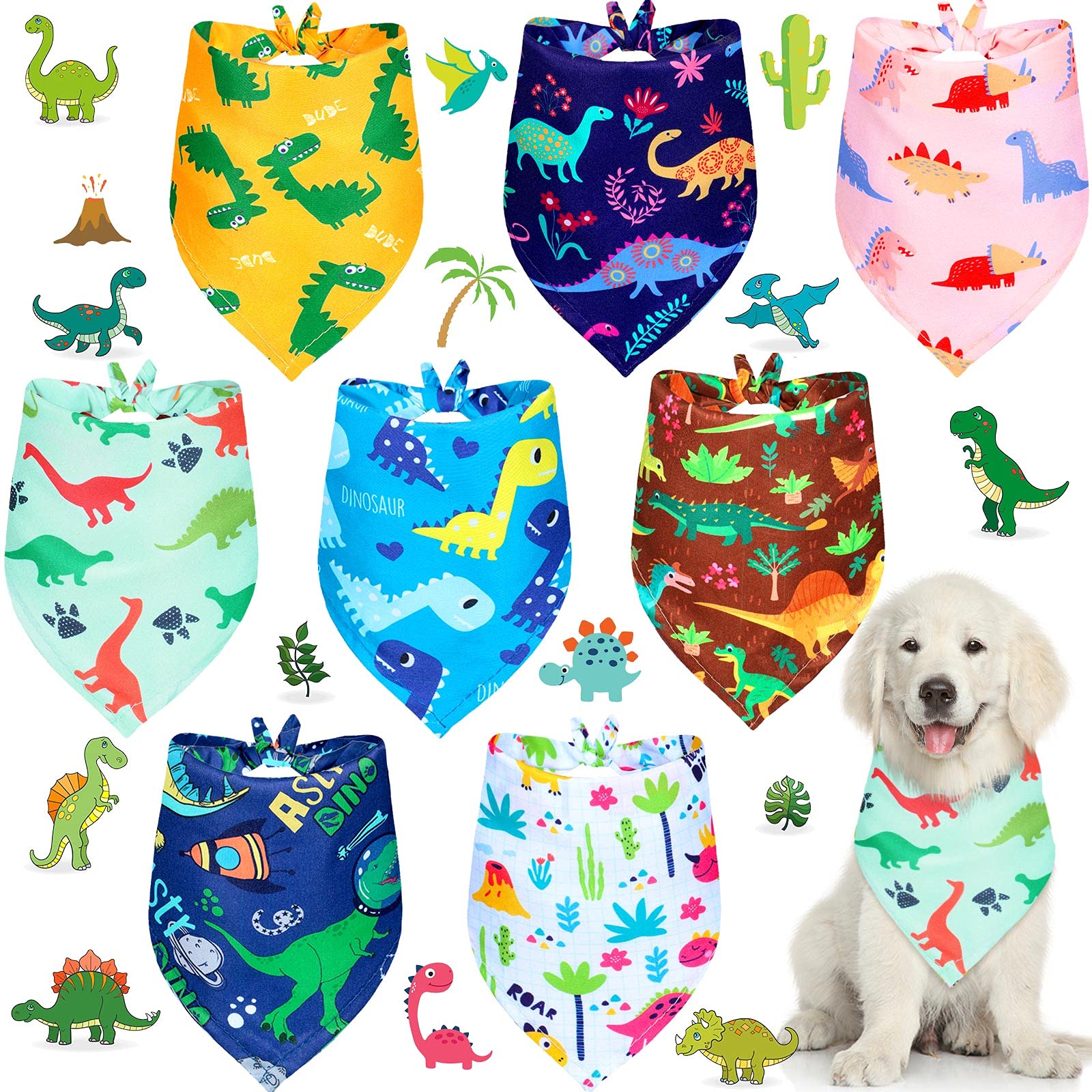 8 Pieces Summer Boy Dog Bandanas Dinosaur Triangle Bid Scarf For Dogs Pet Cute Colorful Adjustable Bandana Accessories For Small