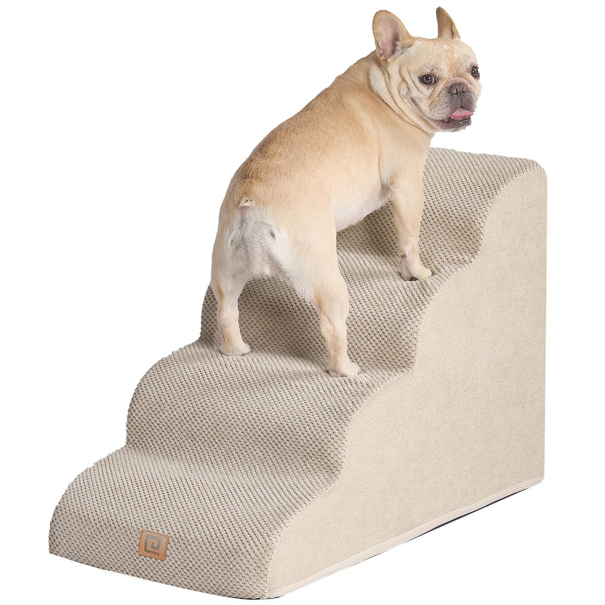 Eheyciga Curved Dog Stairs Ramp For High Beds 19.7' H, 4-Step Dog Steps For Small Dogs And Cats, Pet Stairs For High Bed Climbing, Non-Slip Balanced Pet Step Indoor, Beige