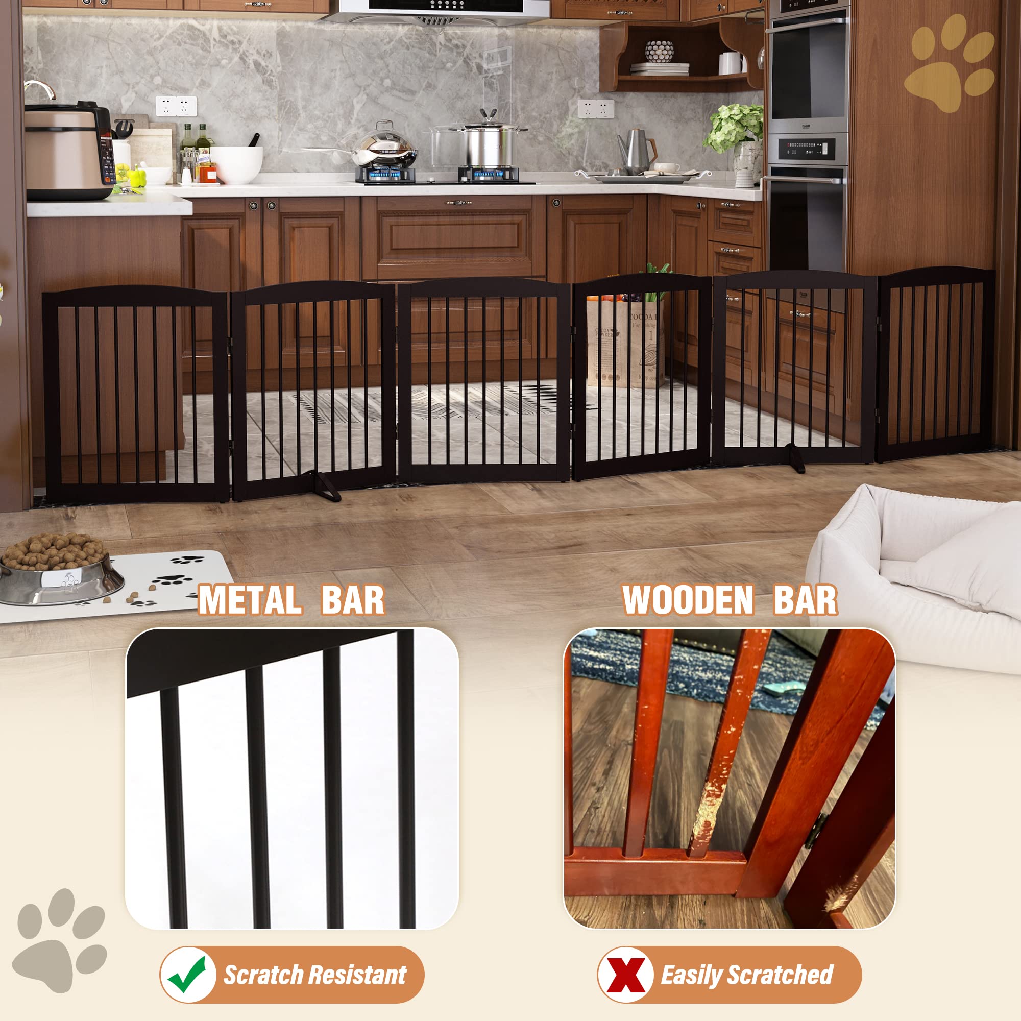 Pupetpo Freestanding Pet Gate For Dogs, Foldable Wooden Dog Gate For House, Extra Wide Dog Gate, Indoor Dog Gate For Stairs, Doorways, Halls, Support Feet Included, 120 Inch Wide, 6 Panels 24', Brown