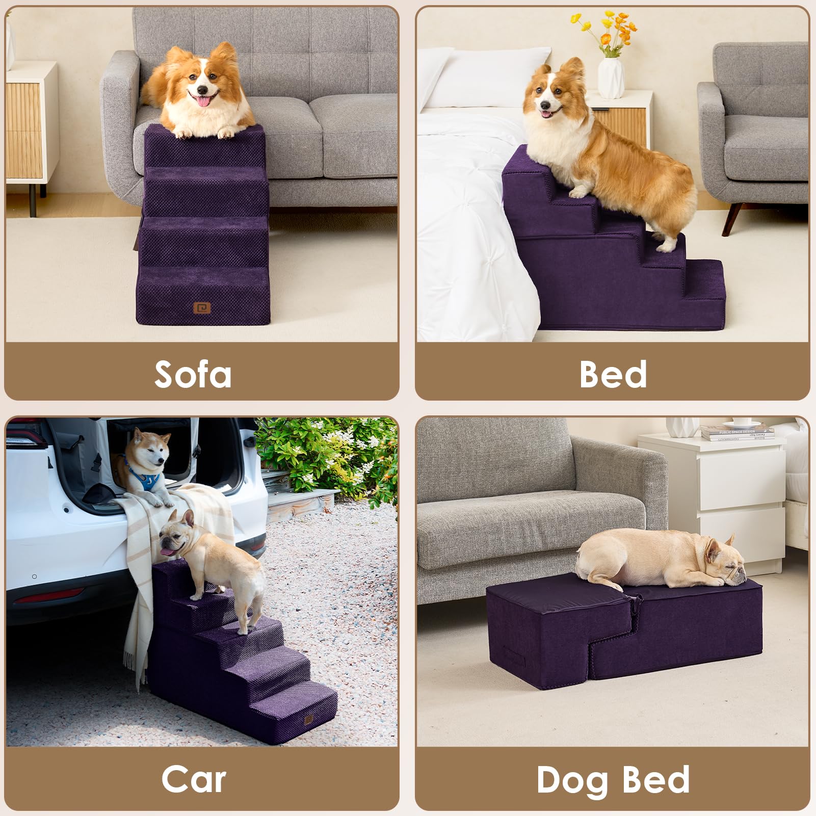 Eheyciga Dog Stairs For High Bed 22.5”H, 5-Step Dog Steps For Bed, Pet Steps For Small Dogs And Cats, Non-Slip Balanced Dog Indoor Ramp, Purple