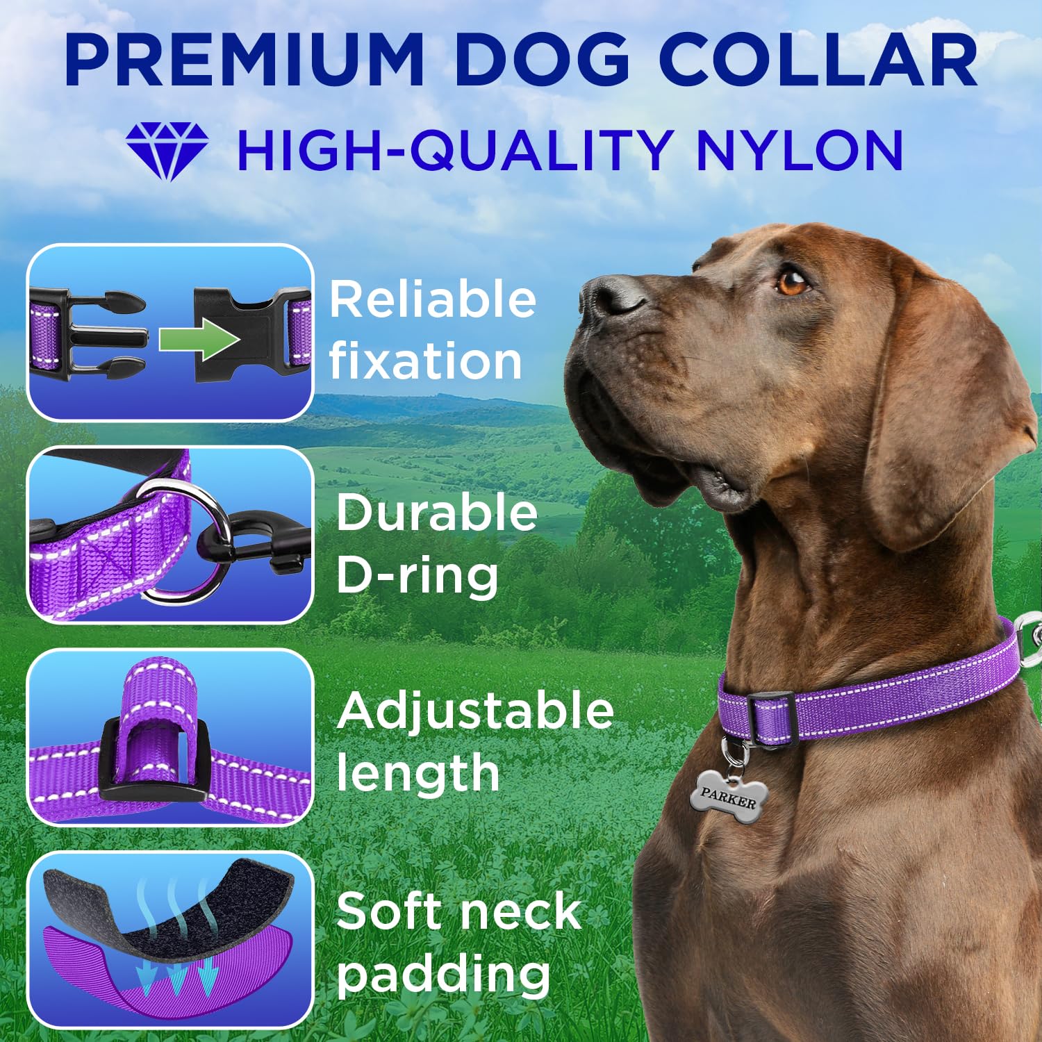 Teceum Reflective Pet Collar - Purple - Xl - Extra Soft Padding - Basic Nylon Dog Collar - Quick Release Buckle - Fits Small, Me