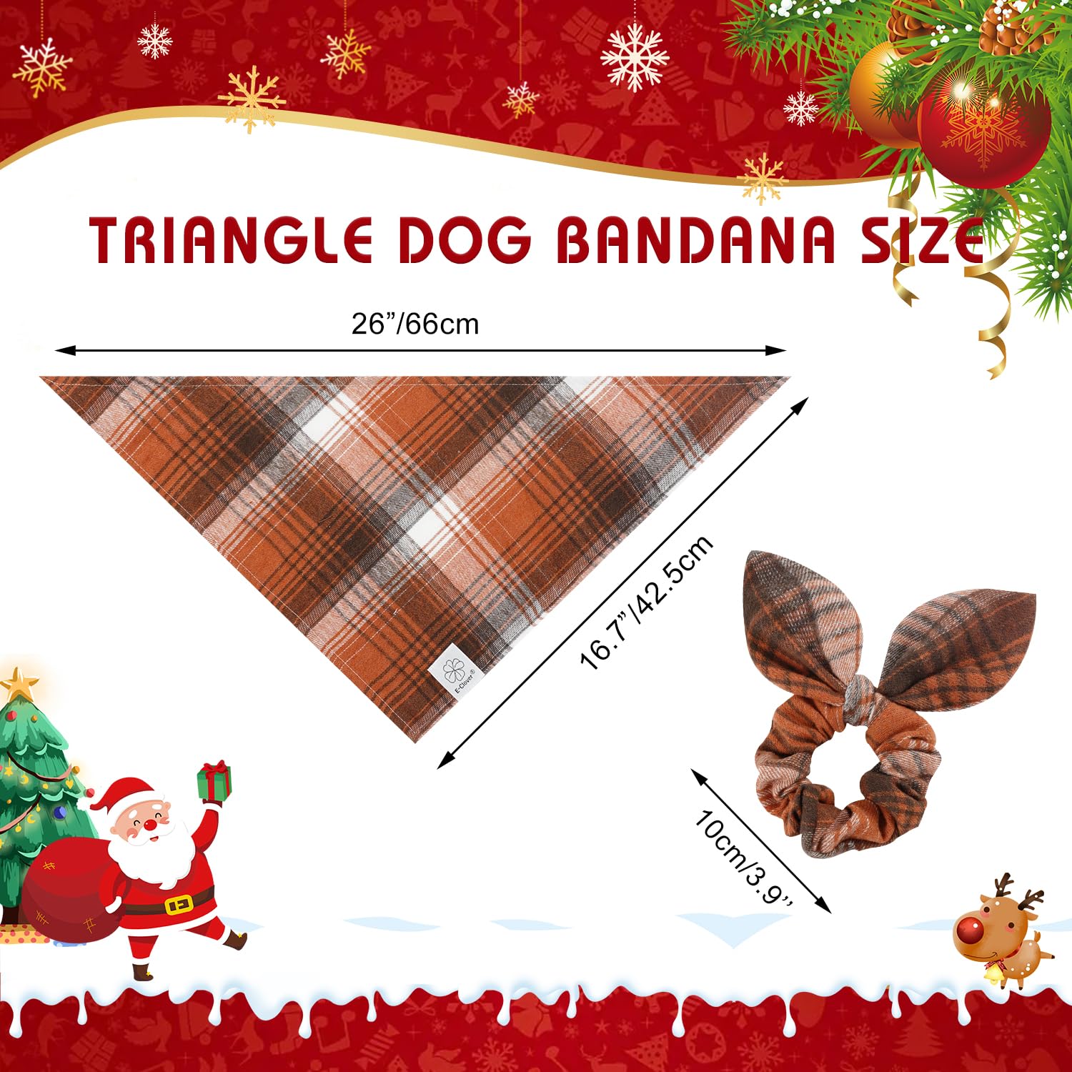 E-Clover Brown Plaid Dog Bandana & Matching Scrunchie-Fall Dog Bandana Triangle Plaid Pet Scarf Bib For Small Dogs Puppy Girl Bo