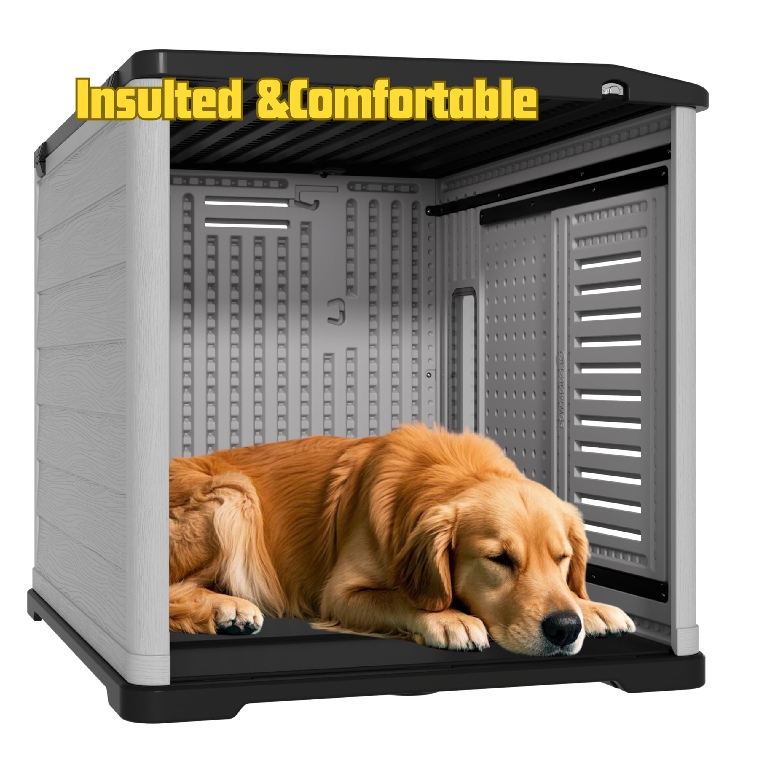 Diyokai Xlarge Durable Plastic Dog House For Big Dogs - Indoor Outdoor Double-Layer Insulated Doghouse With Open-Top Cover, Lock