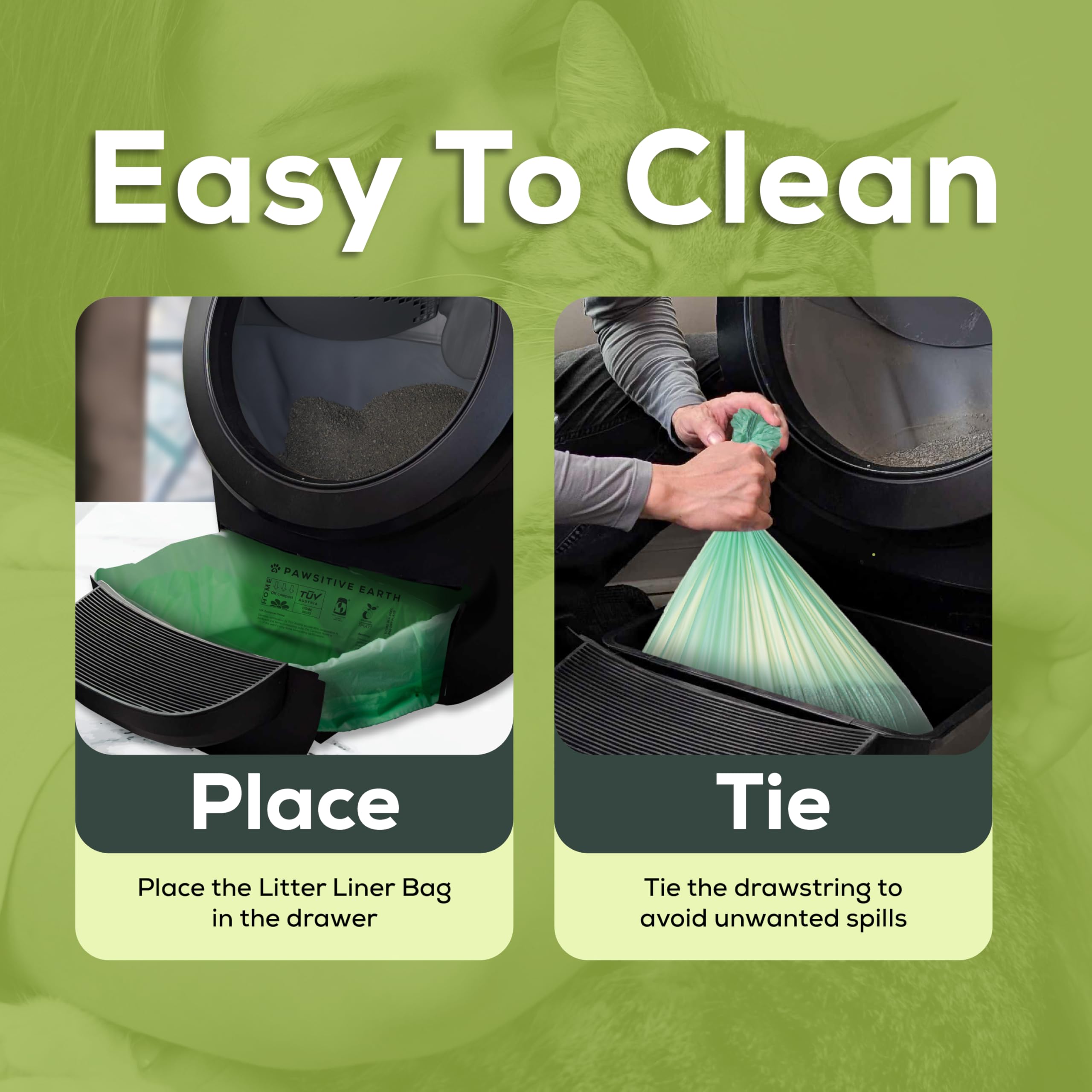 Cat Litter Box Liner 100% Compostable - Drawstring Close - Jumbo Size 36'' X 19'' - Tear & Leak Resistant - Ok Compost Home Cert