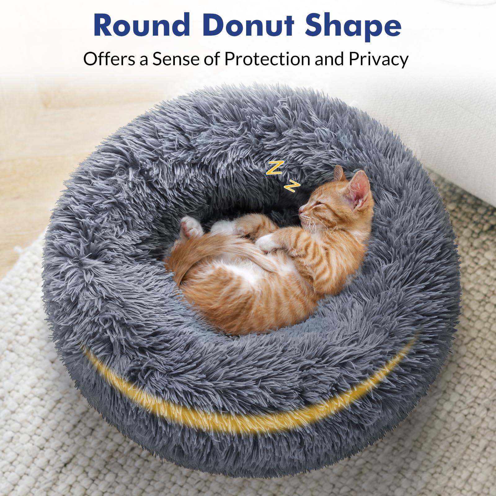 Rabbitgoo Cat Beds For Indoor Cats, 20 Inches Cat Bed Machine Washable, Fluffy Round Pet Bed Non-Slip, Calming Soft Plush Donut