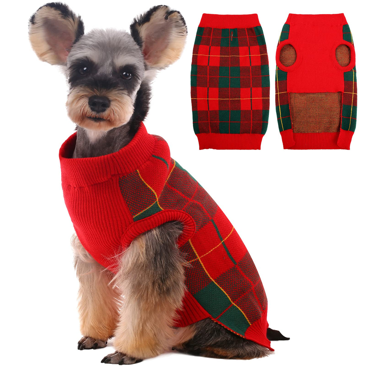 Kuoser Dog Sweater Pullover Knitwear, Dog Christmas Sweaters Classic Plaid Cable Knitted Wear, Dog Turtleneck Puppy Cold Weather Clothes For Small Medium Dogs