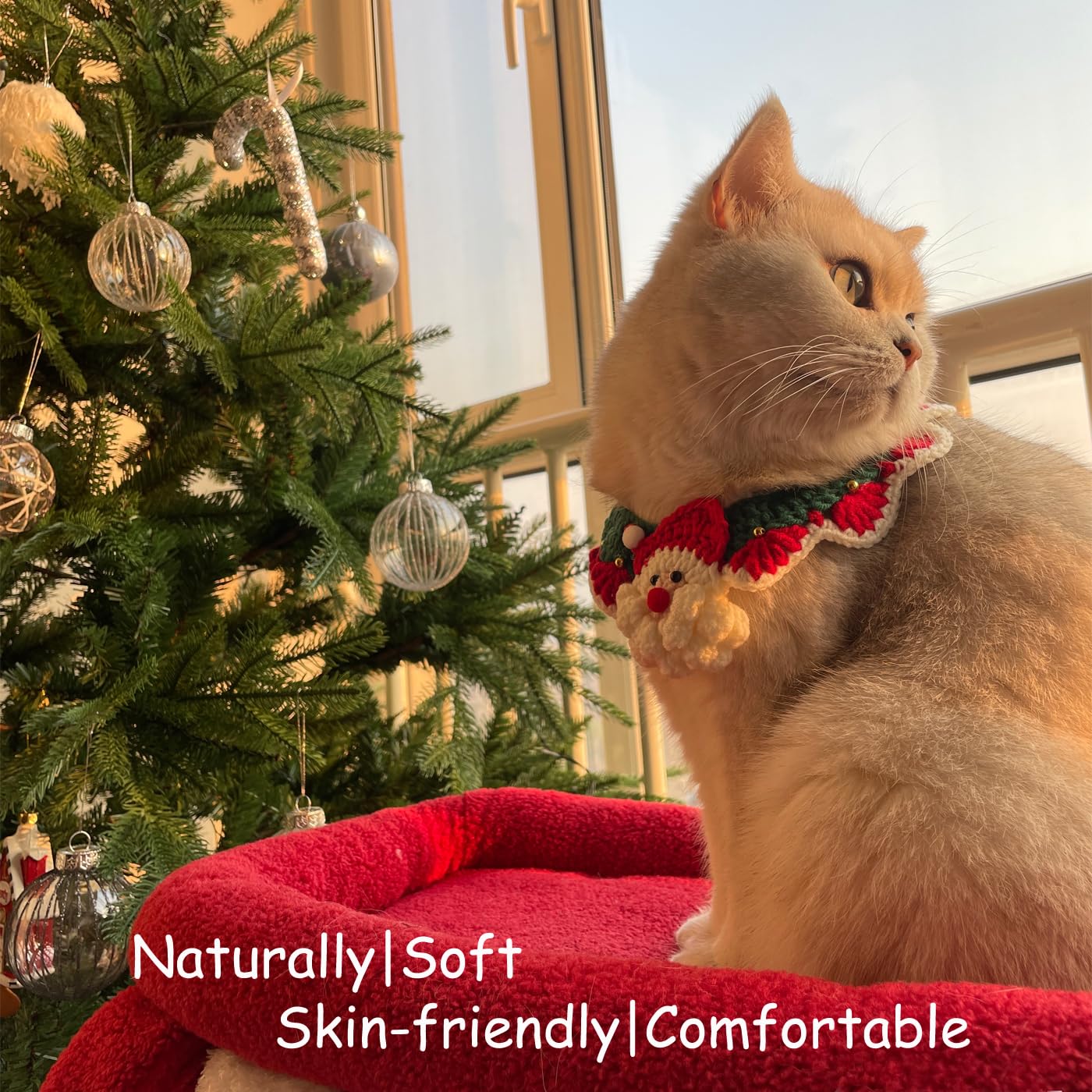 IDOLPET Christmas Santa Claus Cat Collar with Bell Handmade Knitting Holiday Pet Bandana Collar Necktie Costume Outfit for Kitte