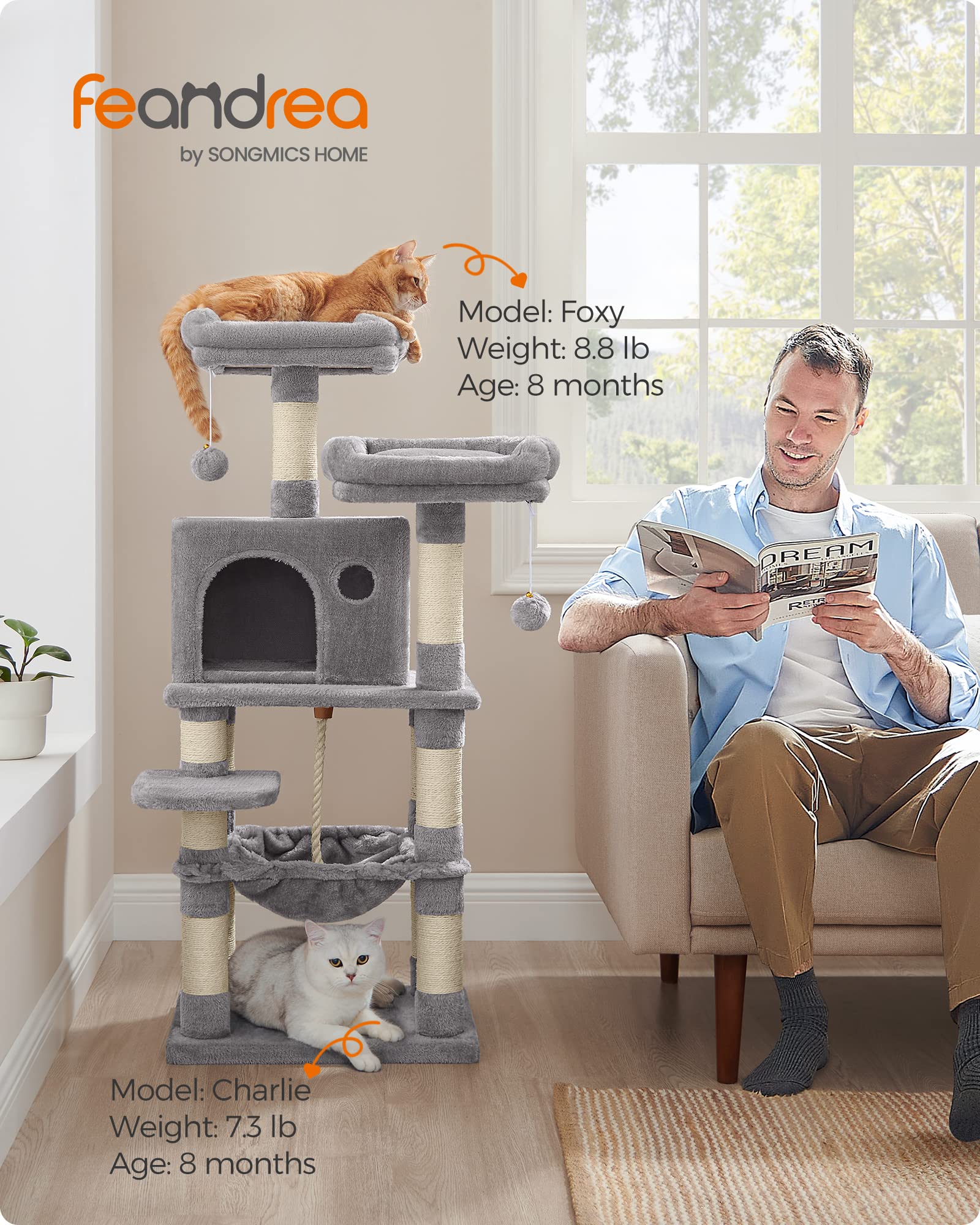 Feandrea Cat Tree, 44.1-Inch Cat Tower For Indoor Cats, Multi-Level Cat Condo With 11 Scratching Posts, 2 Perches, Cave, Hammock, Light Gray Upct215W01