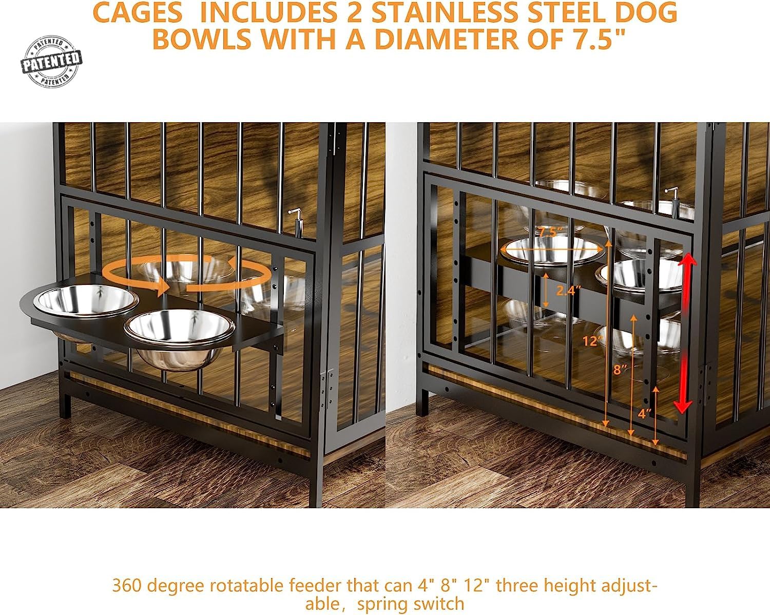 ROOMTEC Furniture Style Large Dog Crate with 360 & Adjustable Raised Feeder for Dogs 2 Stainless Steel Bowls -End Table House Pa