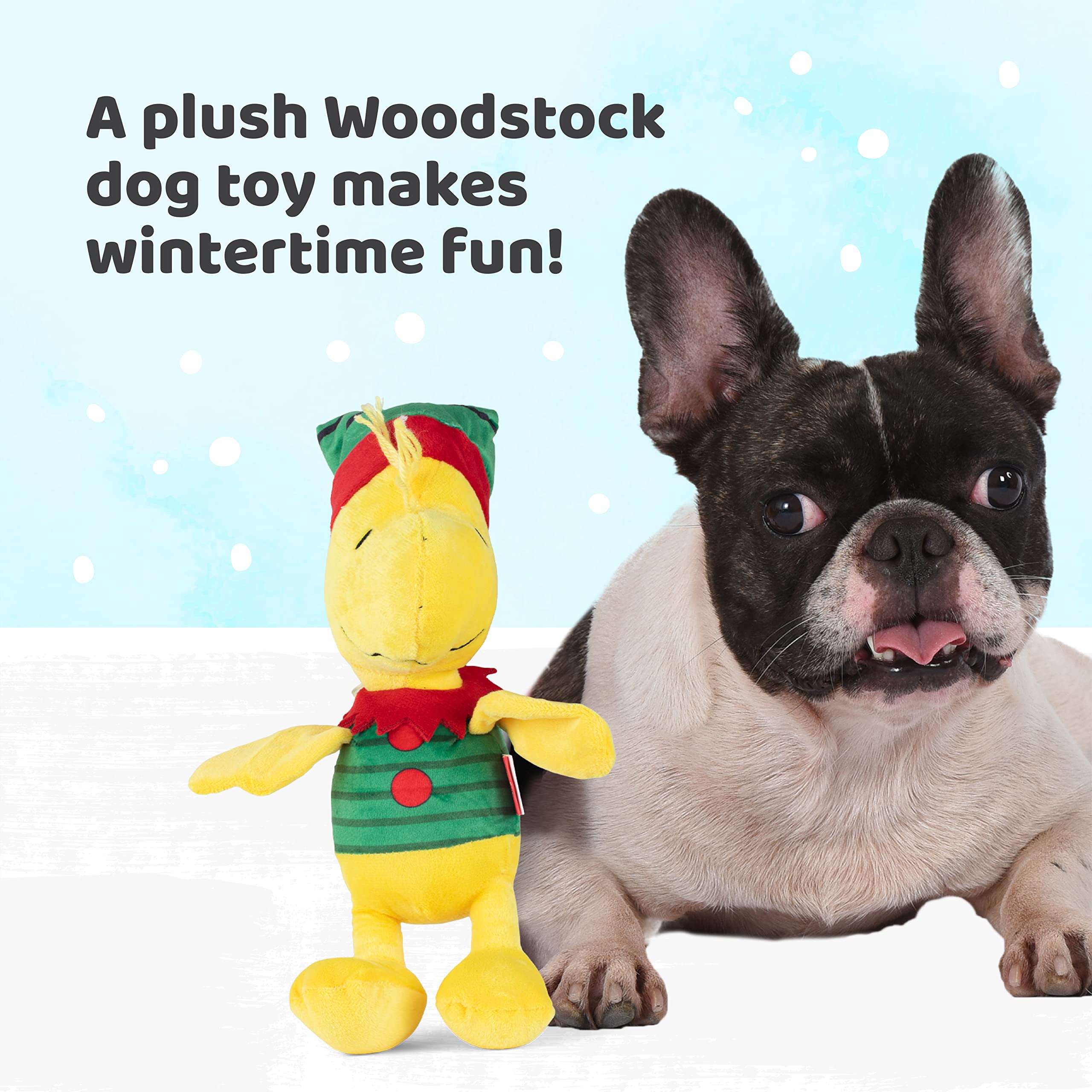 Peanuts for Pets Comics 9 Holiday Woodstock Plush Elf Dog Toy | Medium Squeaky Dog Toy, Yellow Dog Chew Toy | Woodstock Stuffed