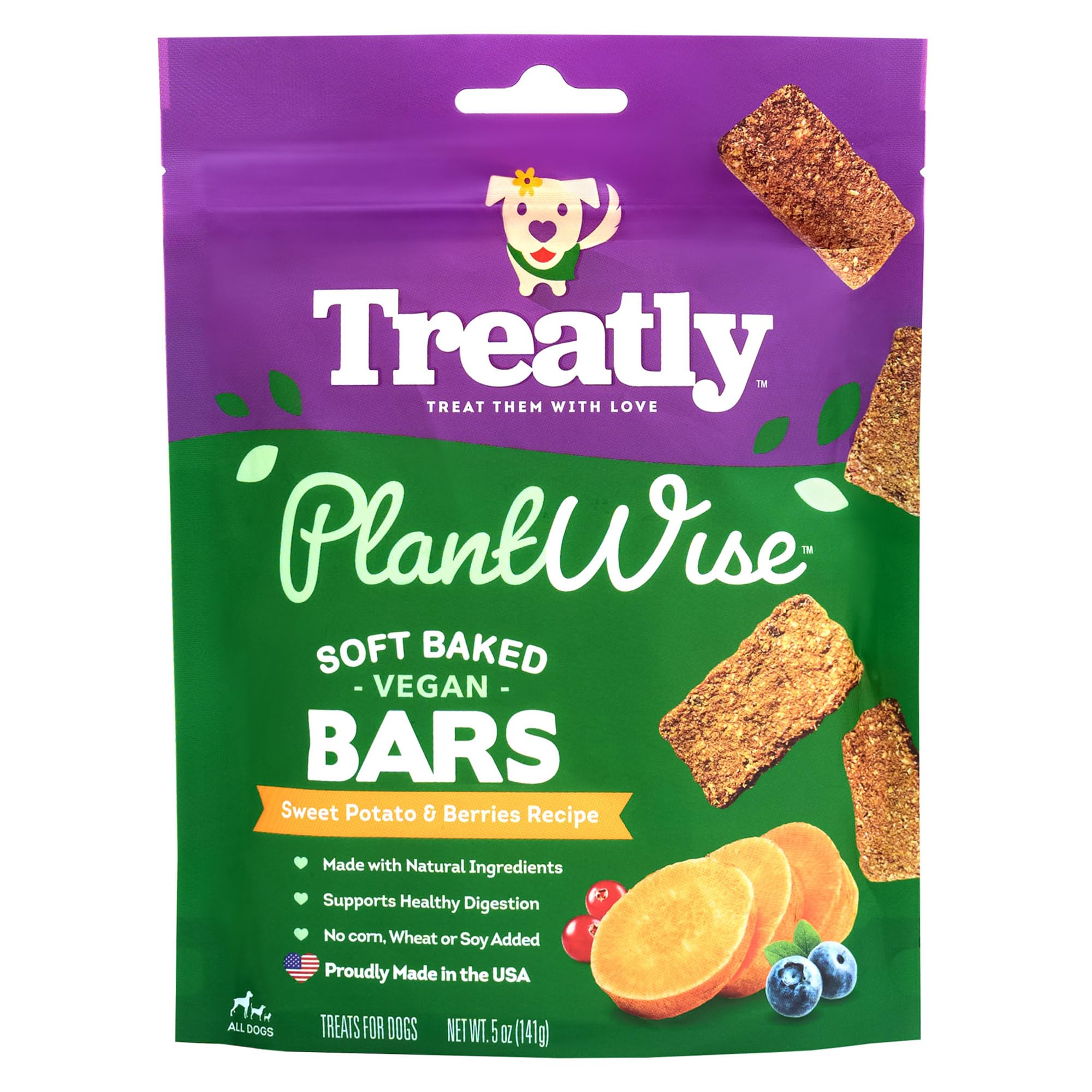Treatly PlantWise Sweet Potato & Berries Vegan Bars Dog Treats - Plant Based Dog Snacks - 5oz/1 Pack