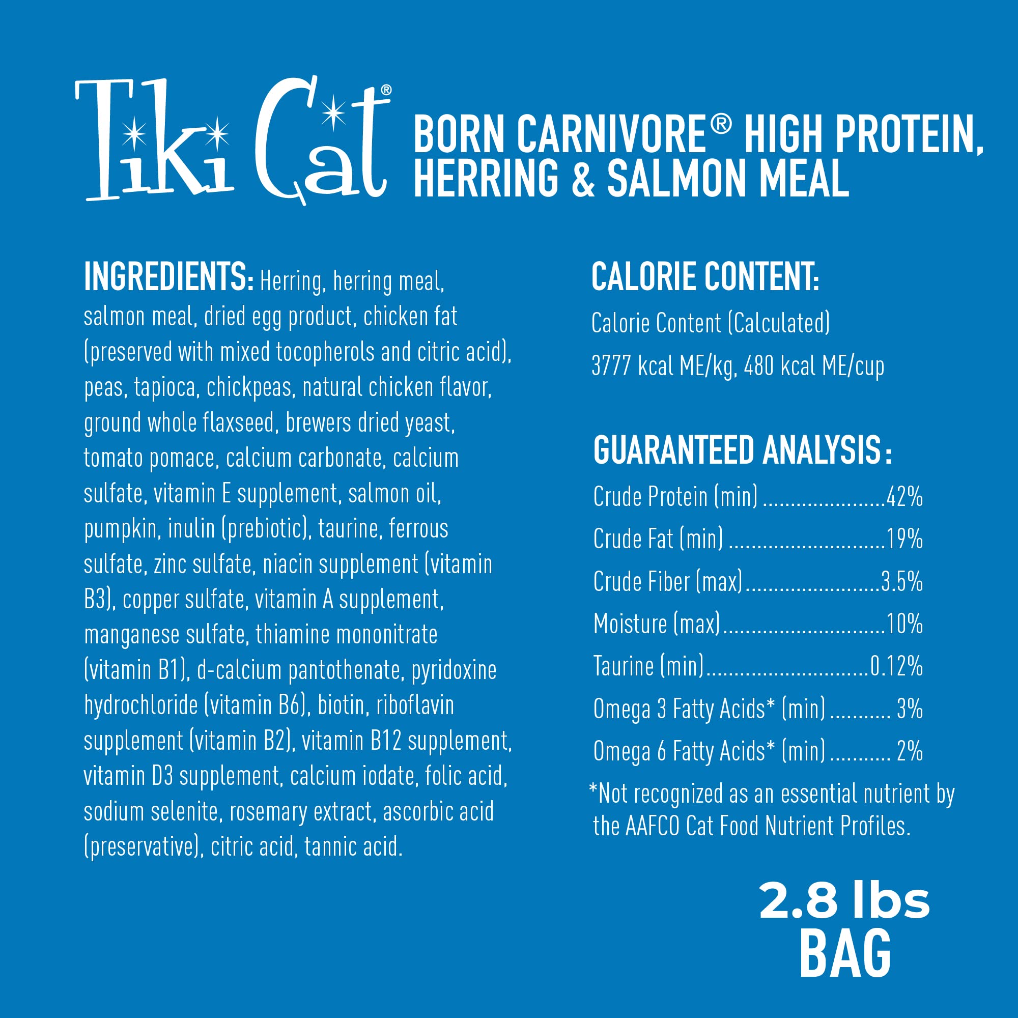 Tiki Cat Born Carnivore High Protein, Herring & Salmon Meal, Grain-Free Baked Kibble to Maximize Nutrients, Dry Cat Food, 2.8 lb