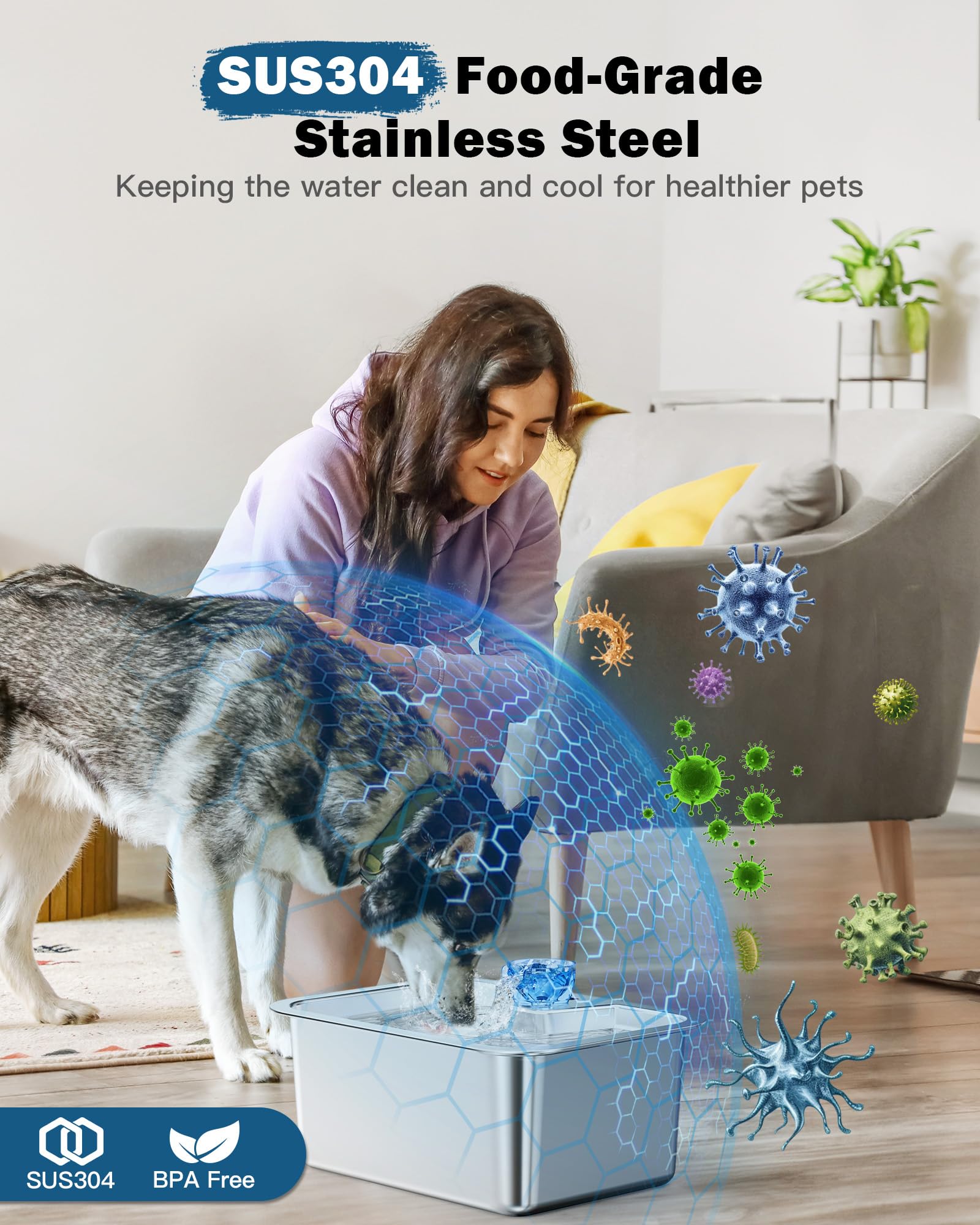 PETNF Dog Water Fountain for Large Dogs, 11L/3Gallon Stainless Steel Large Dog Fountain Water Bowl, Automatic Pet Water Bowl Dis