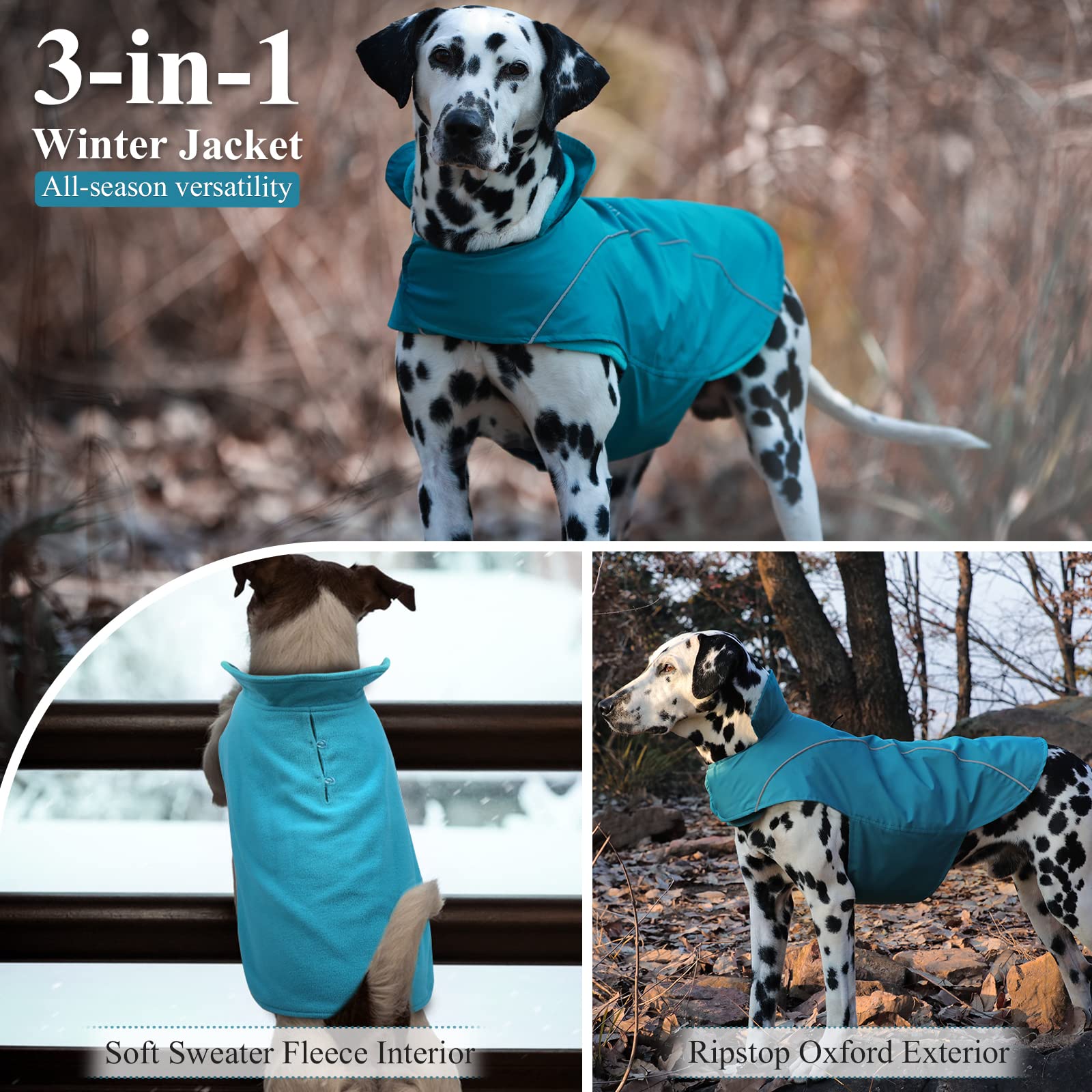 Vivaglory 3-In-1 Dog Coats Lined With Fleece, Reflective Water-Resistant Cold Weather Dog Coats, Wind Breaker, Warm Sweater With