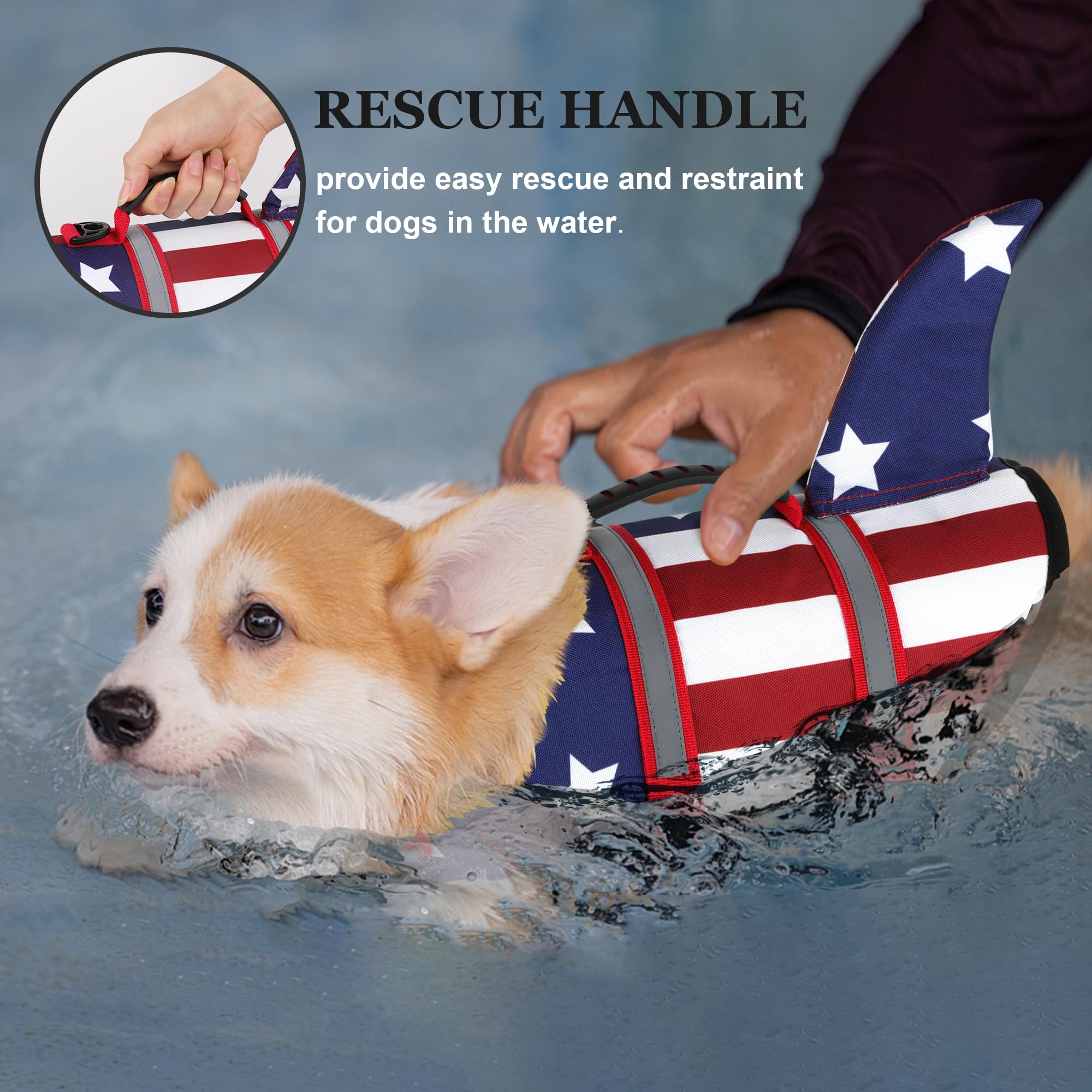 Dogcheer Dog Life Jacket Shark, American Flag Dog Life Vest With Reflective Stripes & Rescue Handle, Adjustable High Buoyancy Pu