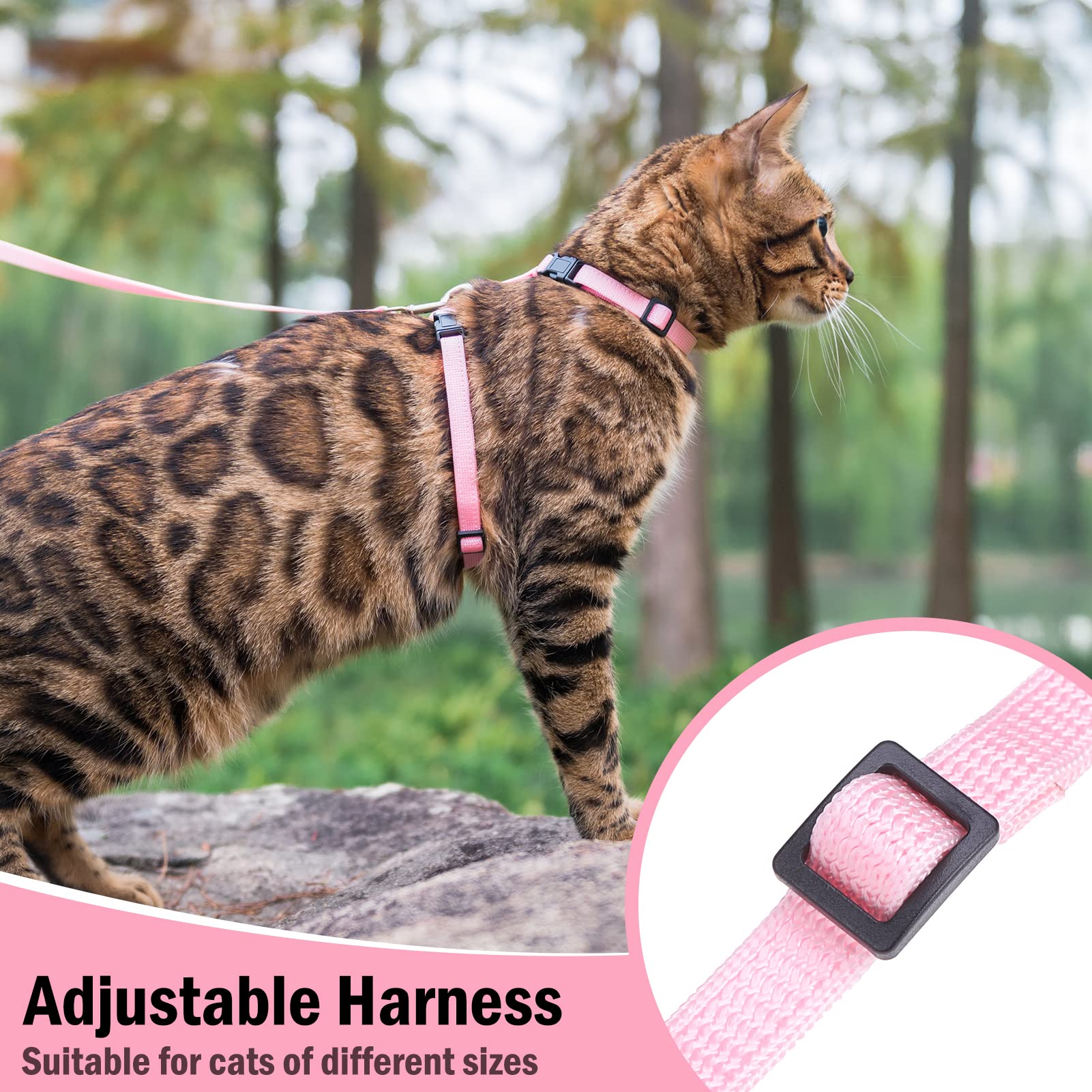 Pupteck Adjustable Cat Harness And Leash Set Escape Proof Kitten Strap Collar For Walking Travel, Light Pink