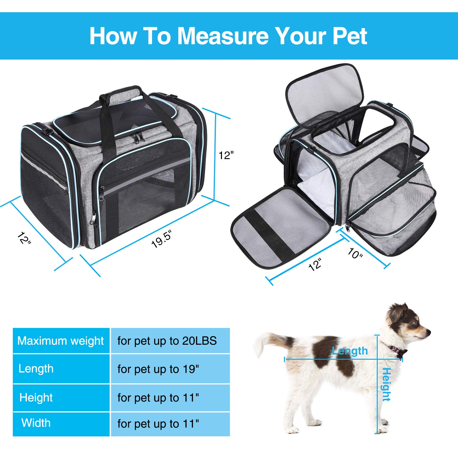 Maskeyon Airline Approved Portable Pet Carrier 2 Sides Expandable Soft-Sided Large Cats Carrier Collapsible Kennel Travel Tsa Carrier 4 Doors With Removable Pads And 3 Pockets For Puppy Small Dogs